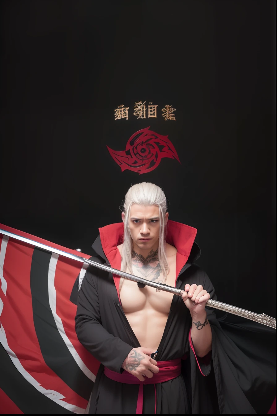 1. "A realistic depiction of Hidan, a man with fair skin and long silver hair styled in a pigtail. He has striking violet eyes and is adorned with large tattoos. He is seen wearing a black robe."