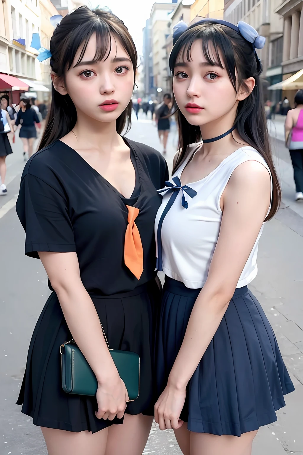 duo,Two women in costume taking selfies on the street,colorful pigtail, anime cosplaying,(lshort-sleeved JK_sailor),JK_style,(dark blue JK_skirt),(bow JK_tie),realistic,fully body,black hair,long hair,black eyes,lips,parted lips,collarbone,bare shoulders,portrait,nose,Best quality,masterpiece,ultra high res,(photorealistic:1.4),raw photo,