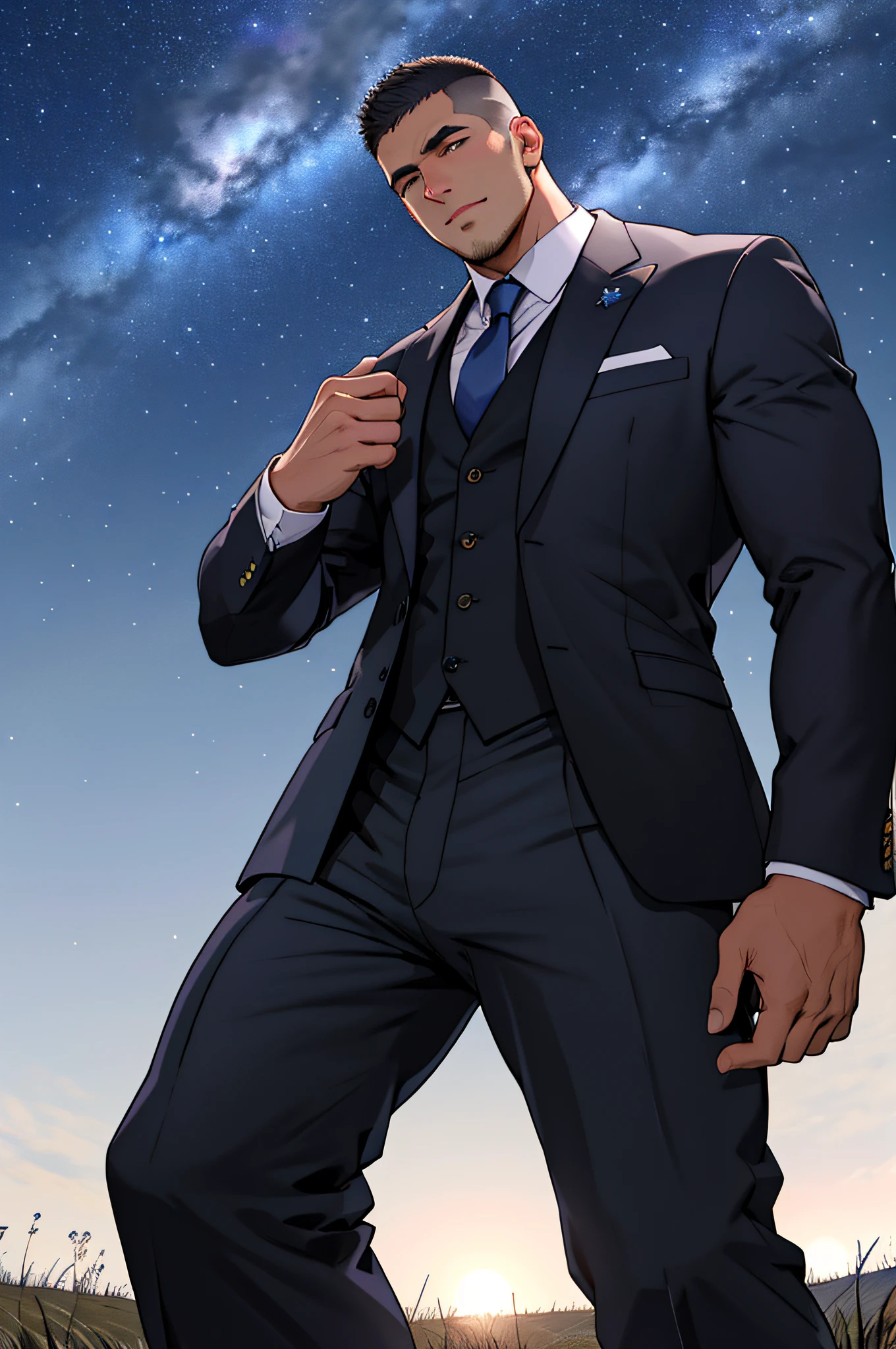 Draw a full-fledged footballer,Standing on the steppe at night,He wears a high-end suit,The man looks confident and determined,looking-down,Crew cut,full bodyesbian,Stars dot the sky,shooting from below,Big moon highlights background