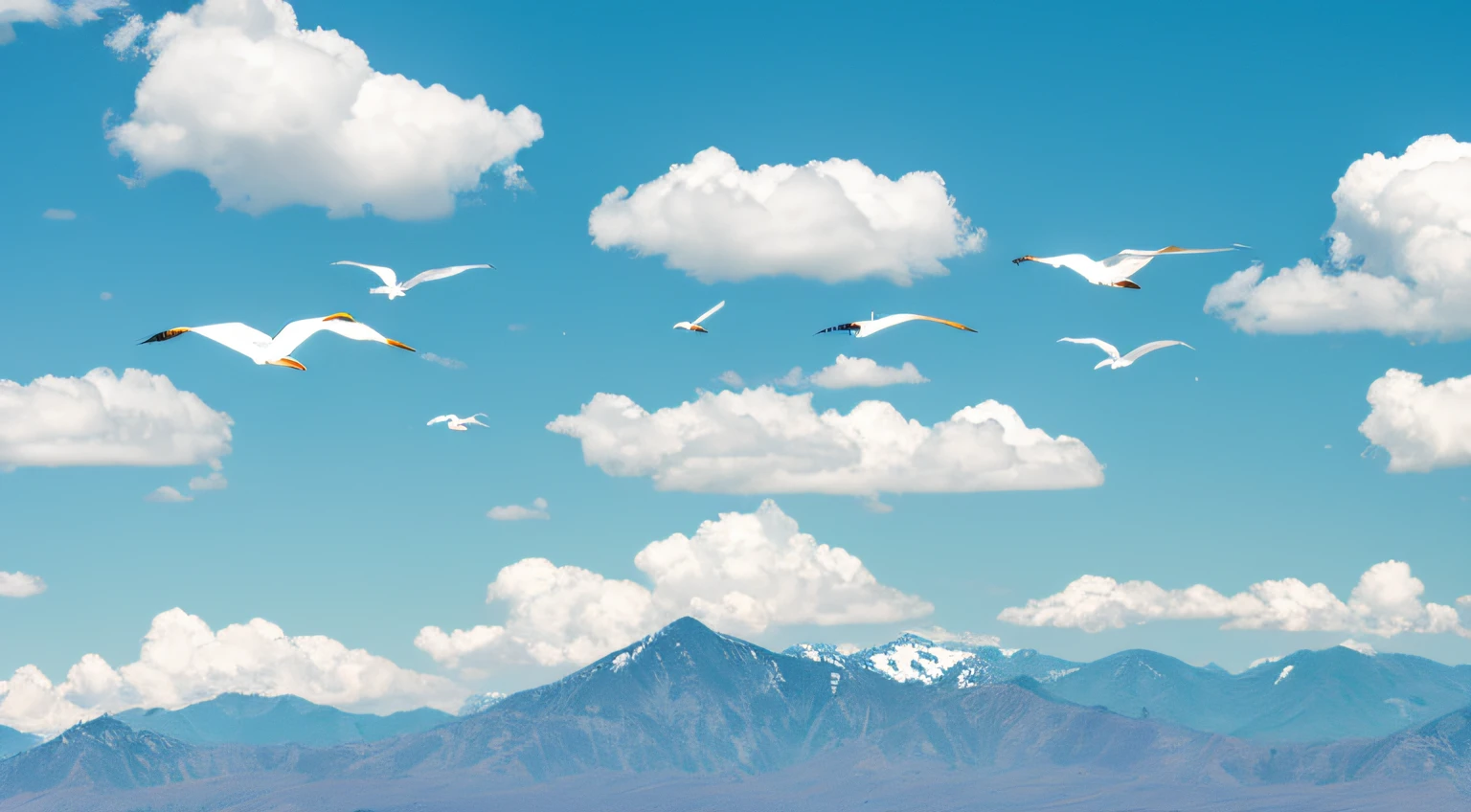 Blue sky, white clouds, high mountains，A flock of free-flying egrets