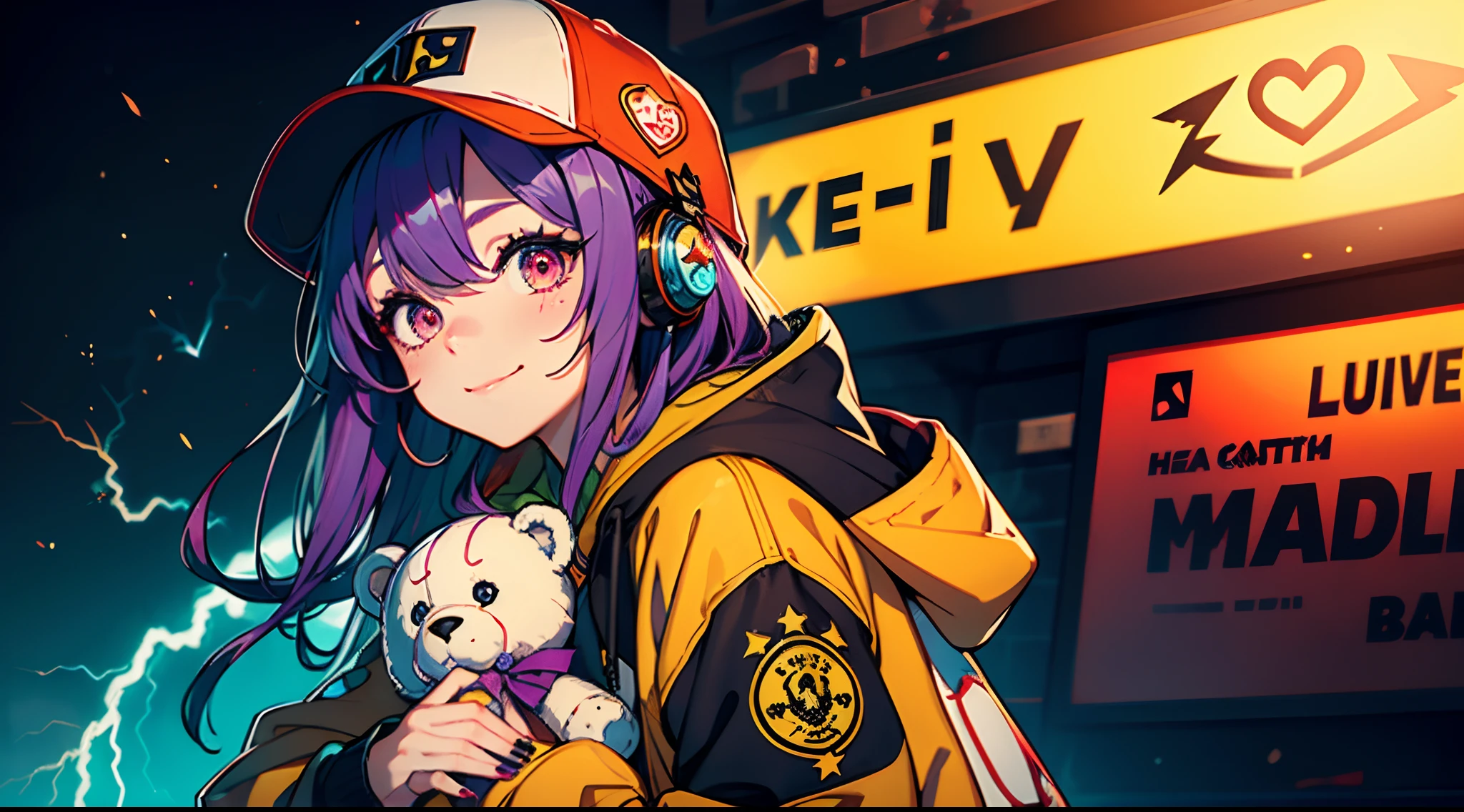 1girl, teddy bear, baseball cap, hat, solo, stuffed animal, stuffed toy, smile, long hair, hood down, jacket, hood, headphones, closed mouth, purple hair, long sleeves, fingernails, nail polish, sleeves past wrists, looking at viewer, multicolored eyes, bangs, hooded jacket, yellow nails, red jacket, multicolored nails, hair ornament, object hug, blush, red nails, white headwear, upper body, purple eyes, claw pose, heart, black headwear, hand up, bow, hoodie, hairclip, nail art, button badge, very long hair, hair between eyes, orange nails, puffy long sleeves, puffy sleeves, black bow, badge, holding, drawstring, red eyes, pink nails, star (symbol), multicolored hair, blue nails, holding stuffed toy, lightning bolt symbol, colorful, looking to the side