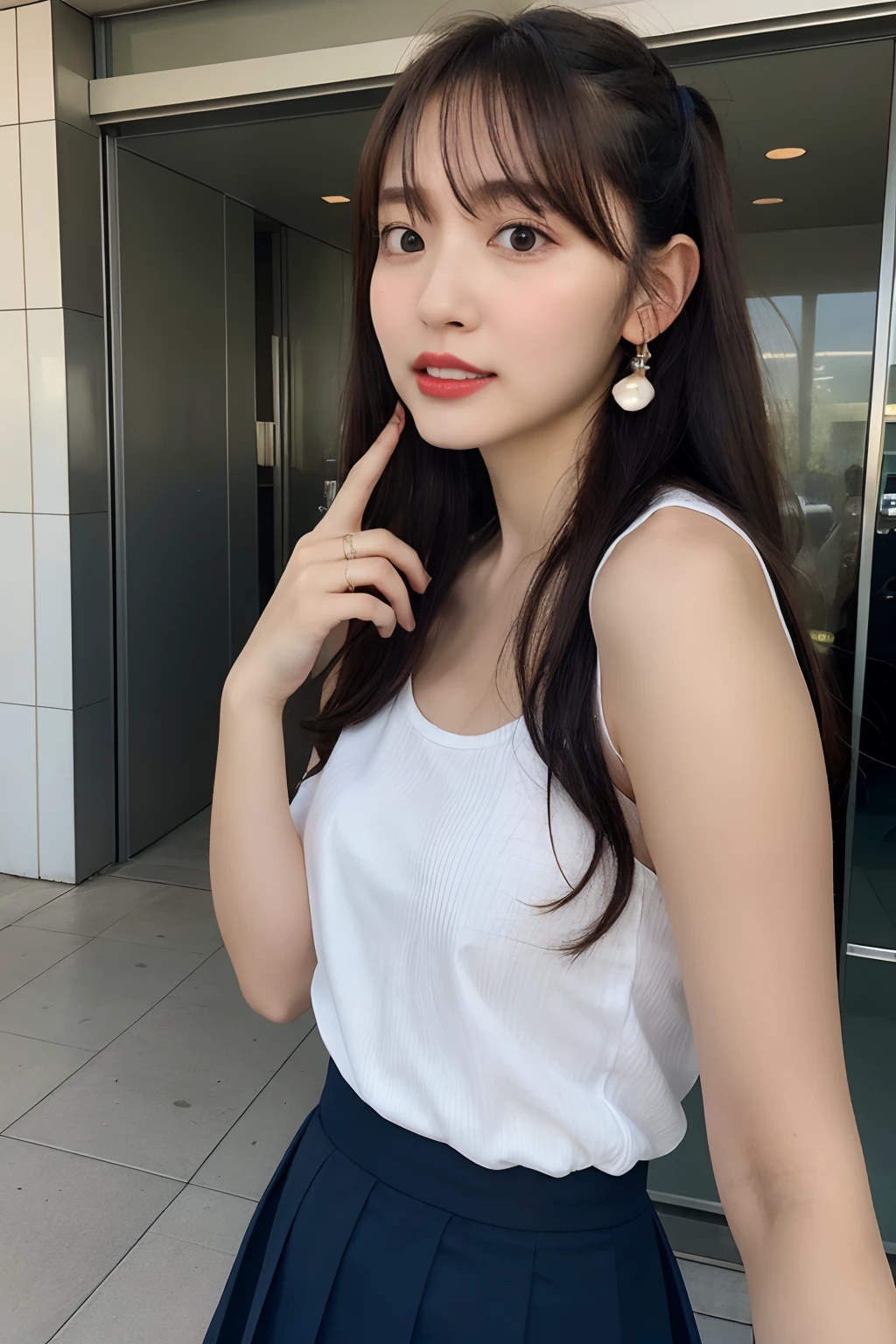 duo,Two women in costume taking selfies on the street,colorful pigtail, anime cosplaying,(lshort-sleeved JK_sailor),JK_style,(dark blue JK_skirt),(bow JK_tie),realistic,fully body,black hair,long hair,black eyes,lips,parted lips,collarbone,bare shoulders,portrait,nose,Best quality,masterpiece,ultra high res,(photorealistic:1.4),raw photo,