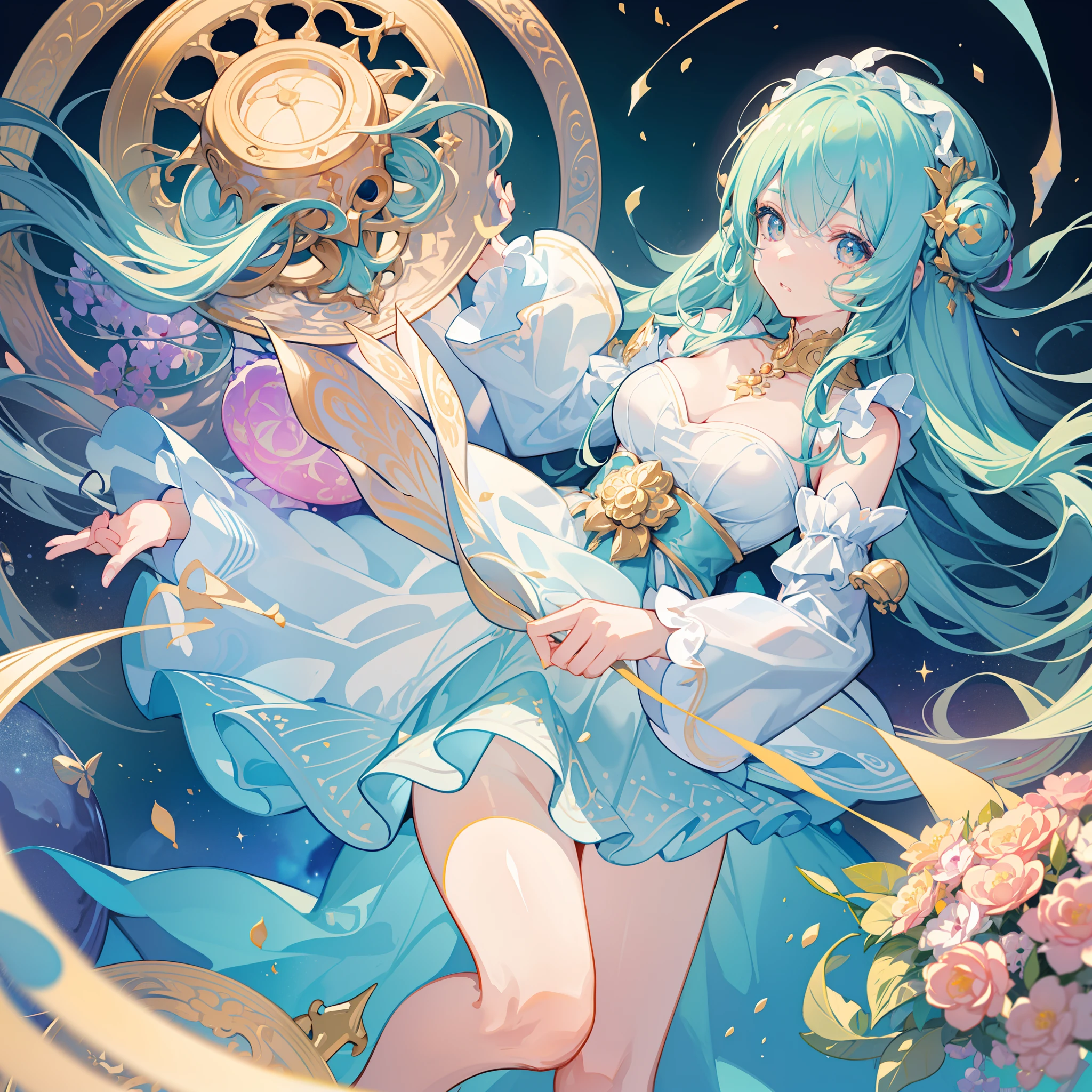 masterpiece, best quality, 8k resolution, sharp focus, intricate detail, beautiful girl, sparkling eyes, golden ratio face, otherworldly liquid, watercolor, pastel colors, bright colors, whimsical, colorful, sharp focus, high resolution, fine detail, ((layered tiered puffy long sleeves ballgown)), ((round eyes)), iridescent bubbles, fantasia background