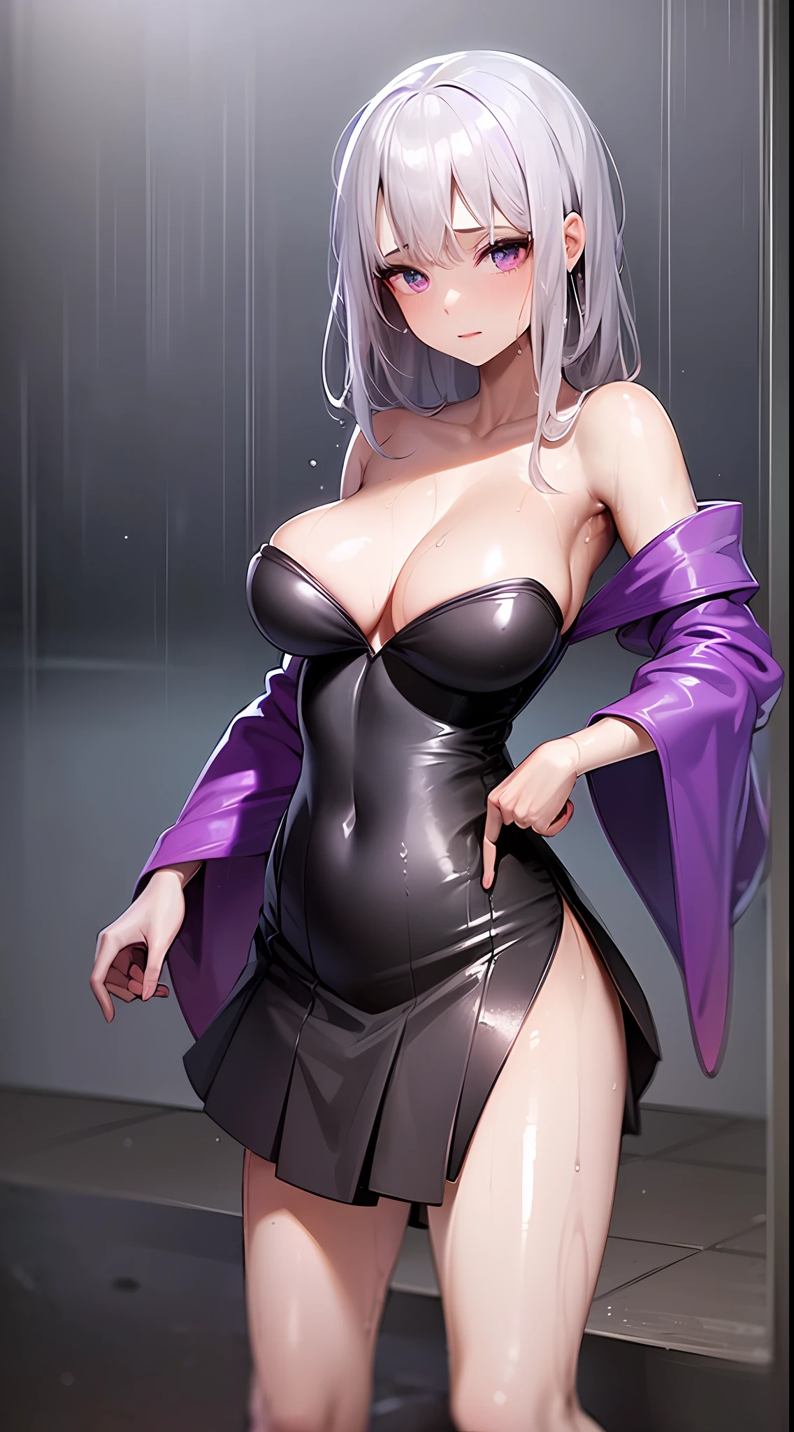 Girl in purple wet kimono and light gray tight pleated slim skirt, satin, fur, (((black)) stockings), decollete, natural breasts, slim body, zettai ryouiki, white hair, blue eyes, ((wet:1.4)), portrait, most realistic, highest quality, best pixels, 8k ultra