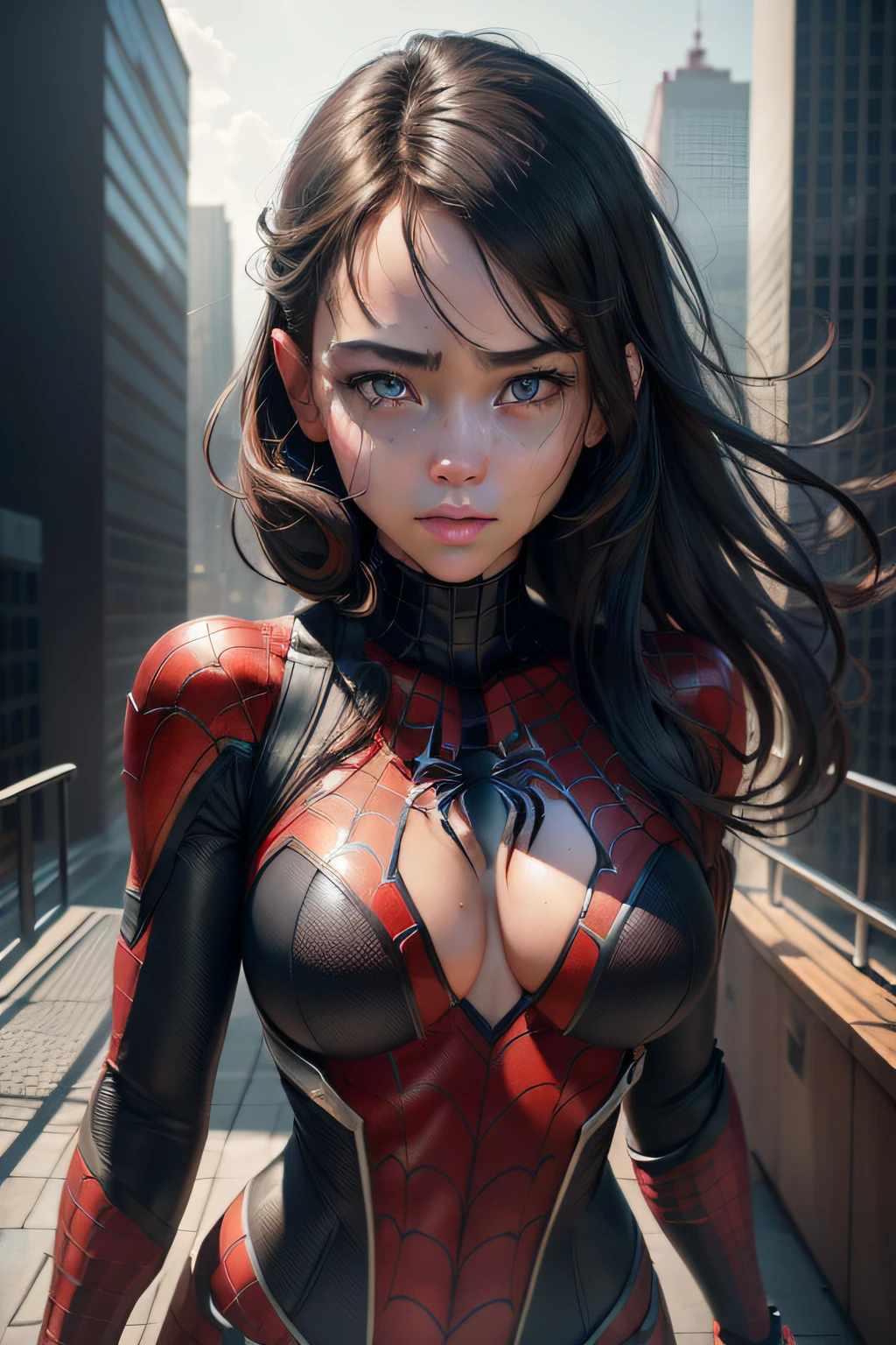 (1girl:1.3), Solo, (((Very detailed face)))), ((Very detailed eyes and face)))), Beautiful detail eyes, Body parts__, Official art, Unified 8k wallpaper, Super detailed, beautiful and beautiful, beautiful, masterpiece, best quality, original, masterpiece, super fine photo, best quality, super high resolution, realistic realism, sunlight, full body portrait, amazing beauty, dynamic pose, delicate face, vibrant eyes, (from the front), She wears Spider-Man suit, red and black color scheme, spider, very detailed city roof background, rooftop, overlooking the city, detailed face, detailed complex busy background, messy, gorgeous, milky white, highly detailed skin, realistic skin details, visible pores, clear focus, volumetric fog, 8k uhd, DSLR, high quality, film grain, fair skin, photo realism, lomography, futuristic dystopian megalopolis, translucent ,