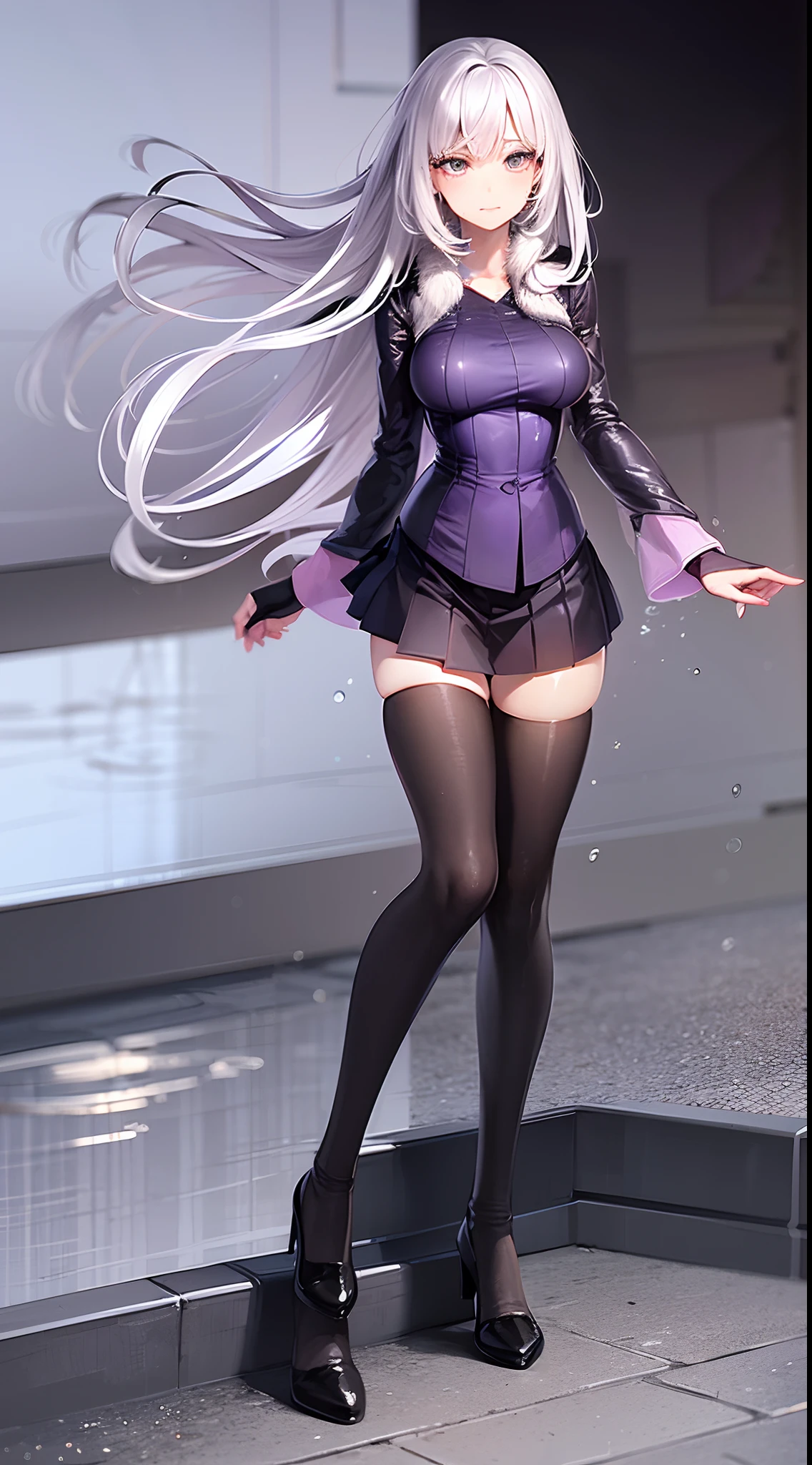 Girl in purple wet kimono and light gray tight pleated slim skirt, satin, fur, (((black)) stockings), decollete, natural breasts, slim body, zettai ryouiki, white hair, blue eyes, ((wet:1.4)), portrait, most realistic, highest quality, best pixels, 8k ultra
