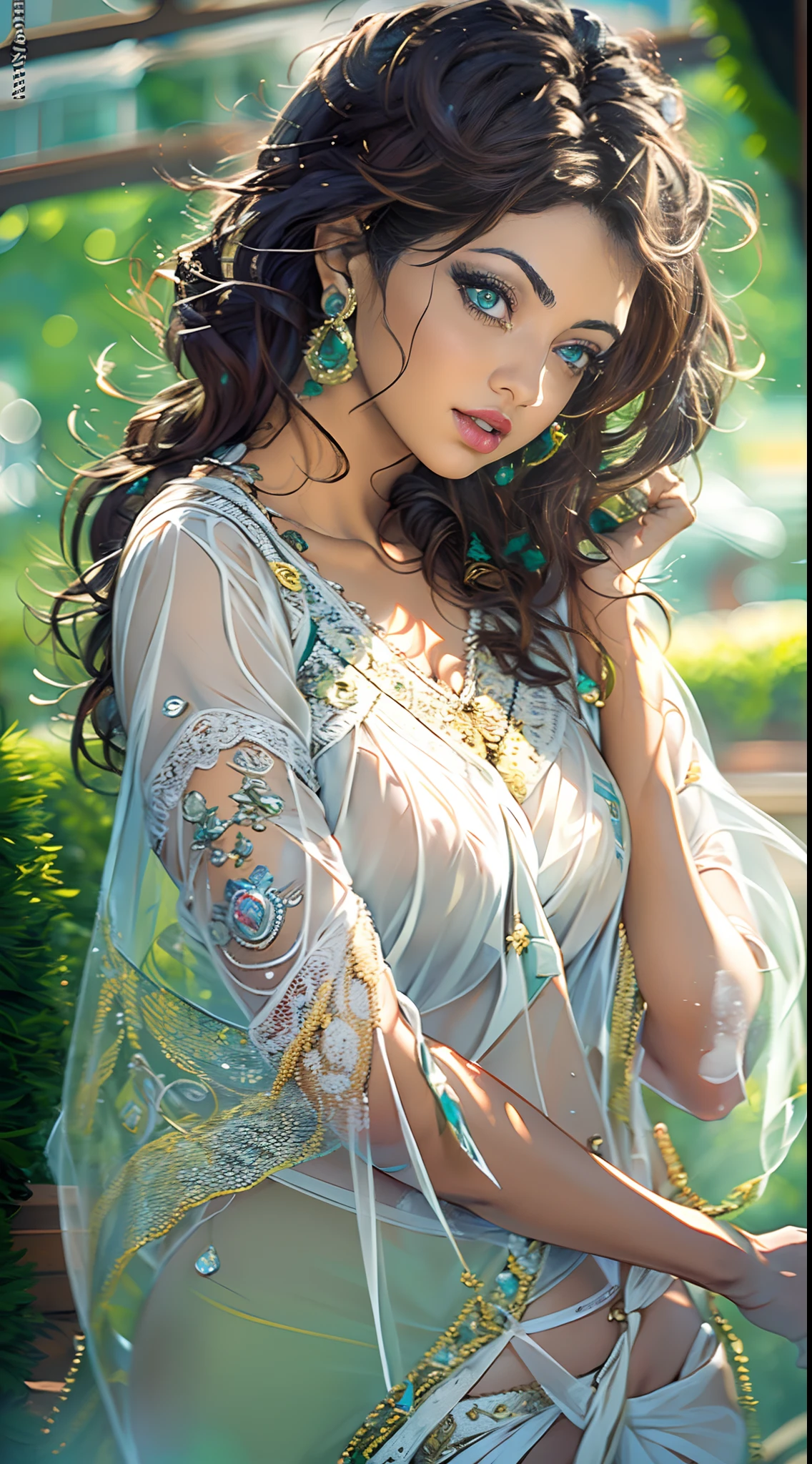 (Masterpiece, best quality, 8k, anime style), (One women wearing white blouse and saree:1.6),Desi, (translucent clothes), see through saree, nice boobs, cleavage, pretty face, red lips, dark hair, close up, lush green background