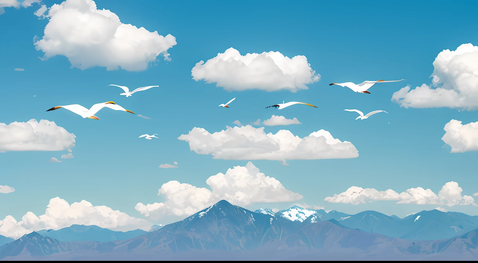 Blue sky, white clouds, high mountains,A flock of free-flying egrets