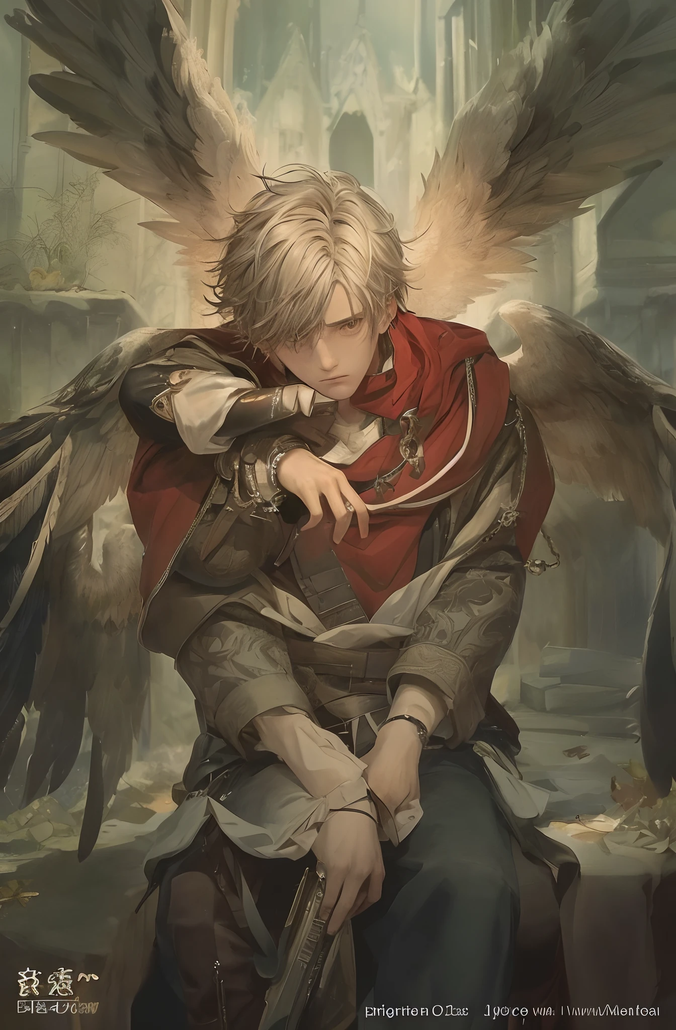 Looks sad,Black wings,male people,brunette color hair,baggy clothes,Middle Ages