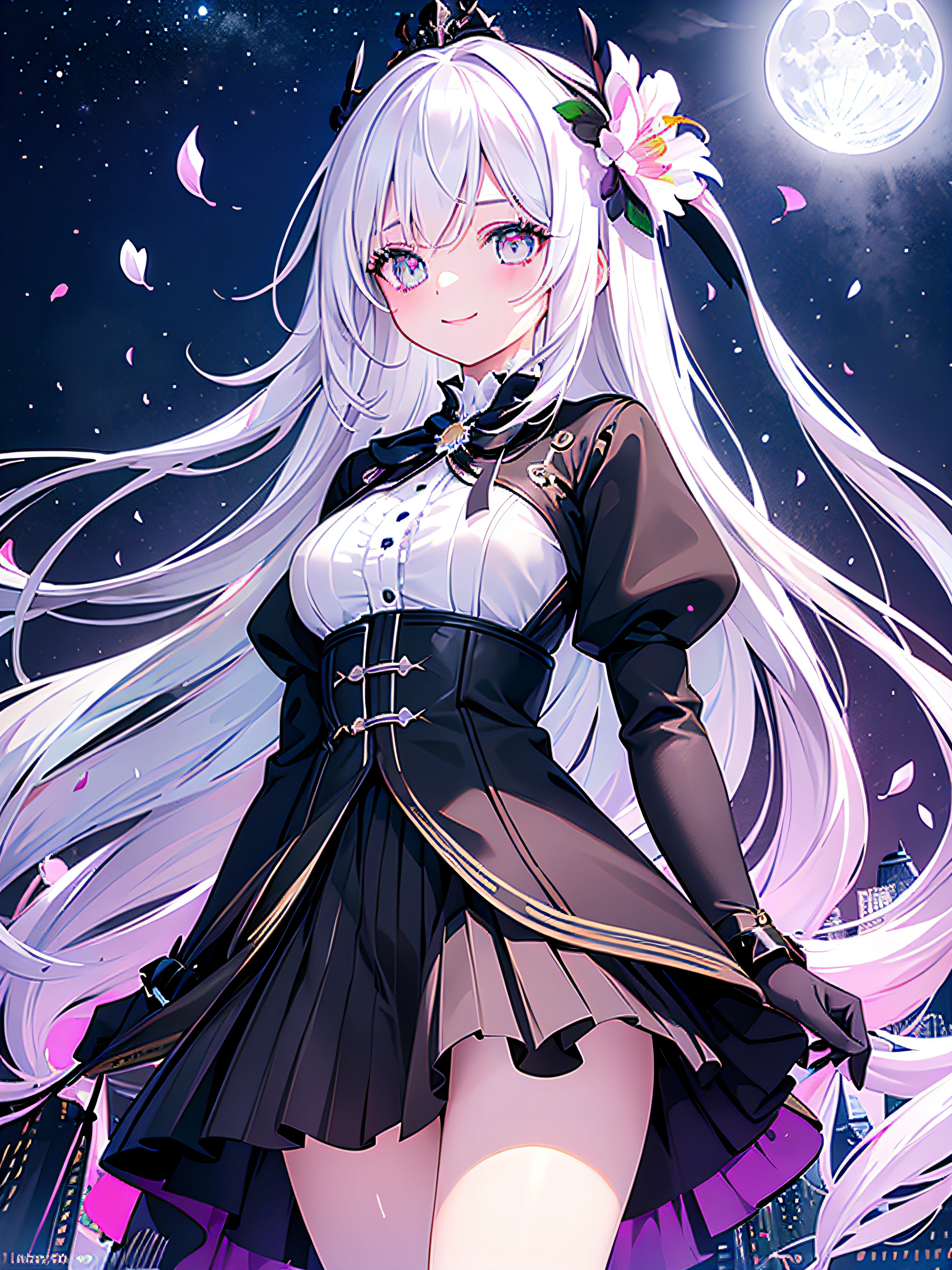 masterpiece, best quality,
1girl, (colorful),(finely detailed beautiful eyes and detailed face),cinematic lighting,bust shot,extremely detailed CG unity 8k wallpaper,white hair,solo,smile,intricate skirt,((flying petal)),(Flowery meadow)
sky, cloudy_sky, building, moonlight, moon, night, (dark theme:1.3), light, fantasy,