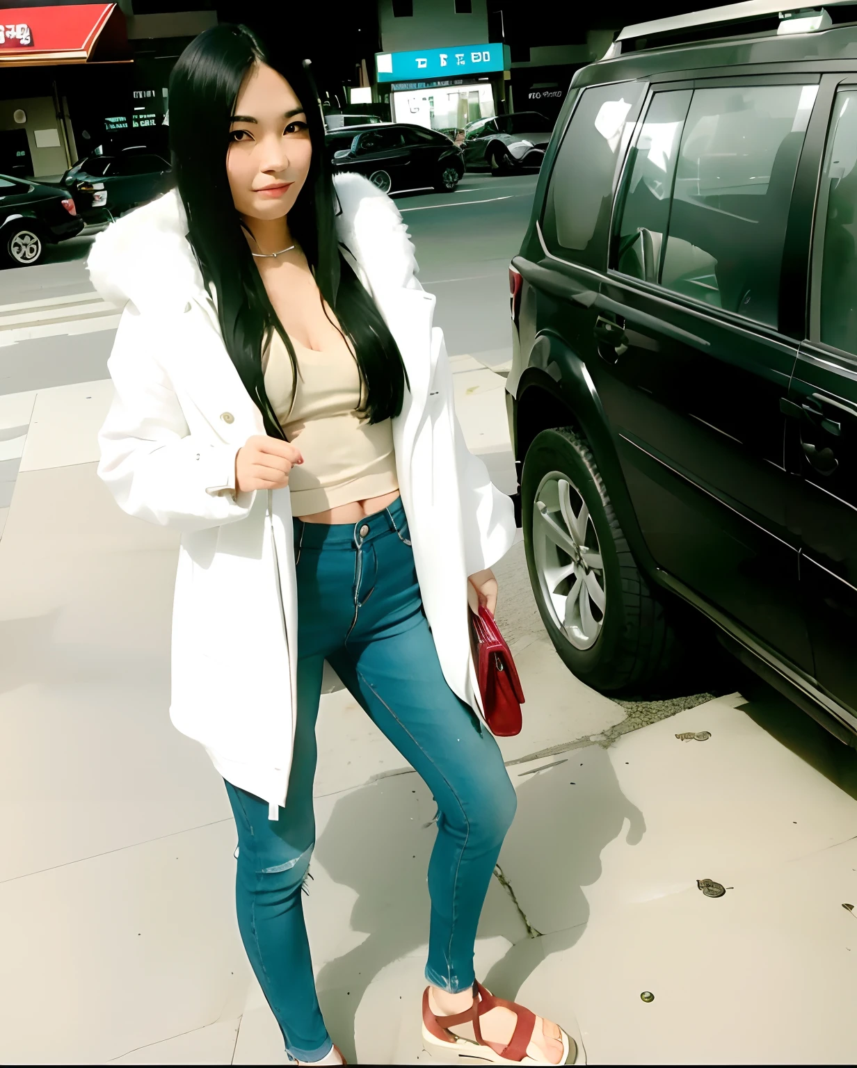 Araffe's wife in a white coat and jeans standing on a sidewalk, Xianxia de corpo inteiro, jia, modelo de moda, she is wearing streetwear, desgaste - estilo branco, Modelo de moda feminina coreana, 🤬 🤮 💕 🎀, vestindo um casaco branco de inverno, imagem vazada, fofo:2, com pelo fofo branco, gemma chen, Asian girl