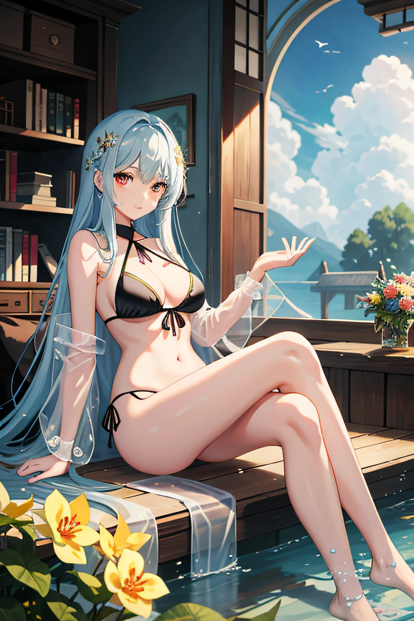 [（Transparent background：1.5）：：5]，（（（tmasterpiece））），（（（best qualtiy））），（The is very detailed））），illustratio，1girll，独奏，mistic，vivd colour，Shiny，Underwater transparent sealed hemispherical glass dome，whaite hair，red eyes，full bodyesbian，The barefoot，Long hair is calm and natural，Koi，Under the water，domes，closeup cleavage，Dynamic action，Lens perspective，（（（Box composition））），sit with legs crossed，Leaning against the bookshelf，Swimsuit bikini，Lace，ssmile，Raised sexy，The face is delicate，boobgasm，best qualtiy