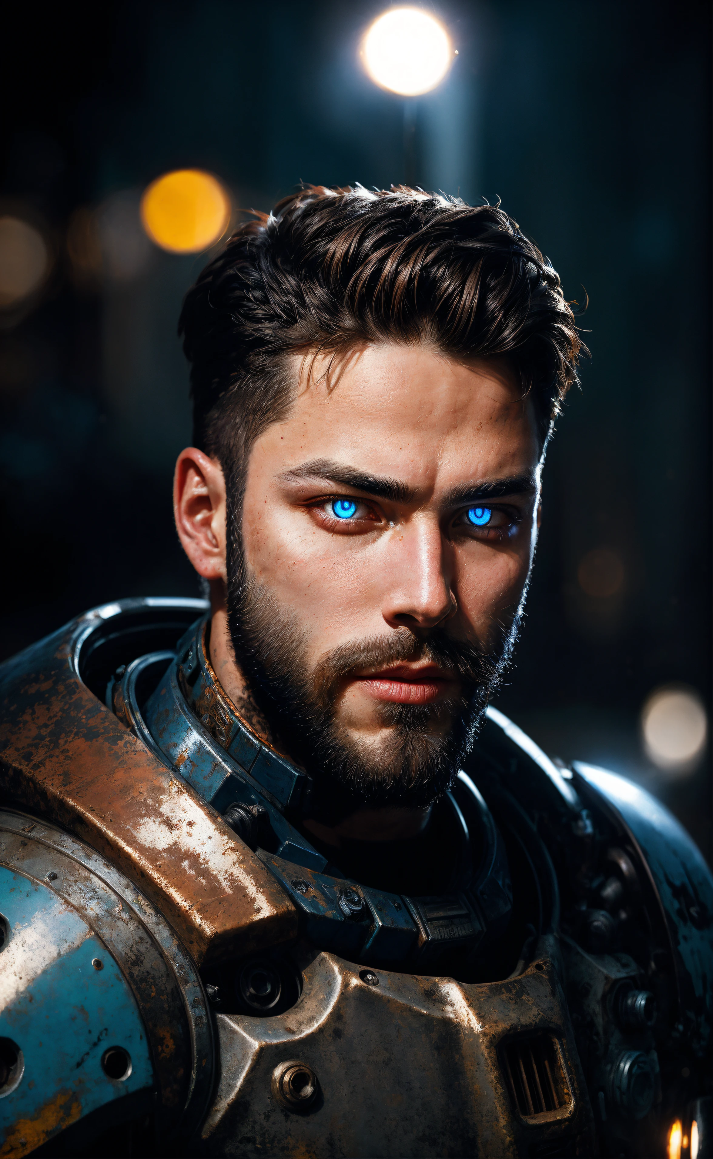 Portrait photo of muscular bearded guy in a worn mech suit, ((light bokeh)), intricate, (steel metal [rust]), elegant, sharp focus, photo by greg rutkowski, soft lighting, vibrant colors, (masterpiece), ((streets)), (detailed face:1.2), (glowing blue eyes:1.1)