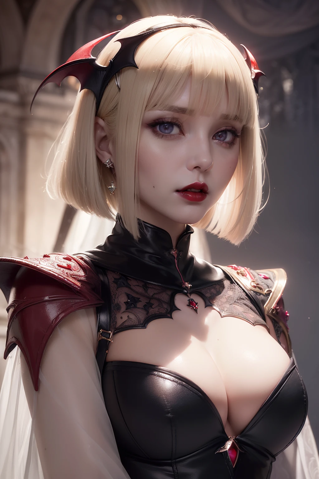 (((Vampire style aesthetic))) (Masterpiece) realistic BIG bust to the pelvic area ((beauty shape)) of a beauty hyperrealist & photorealist beauty young astonishing knight girl wearing highly & extremely detailed cropped white dress with cape & scarf (masterpiece), magic & incantation glowing flying surrounded her, Unity 8k, pearly perfect wet skin with pores (((short bob cut blonde hair with colorful bangs fringes))) ((perfect face shapes, complete perfect red lips, perfect nose, correct beautiful eyes, eyelashes, detailed intricate iris textured face in ZBrush)), Ultra HD, vines, (((cold colores illumination))), developed by Unreal Engine 5, Ultra Sharp Focus, Art by Alberto Seveso, Sci-Fi, vibrant & intricate Artwork, golden Ratio, epic