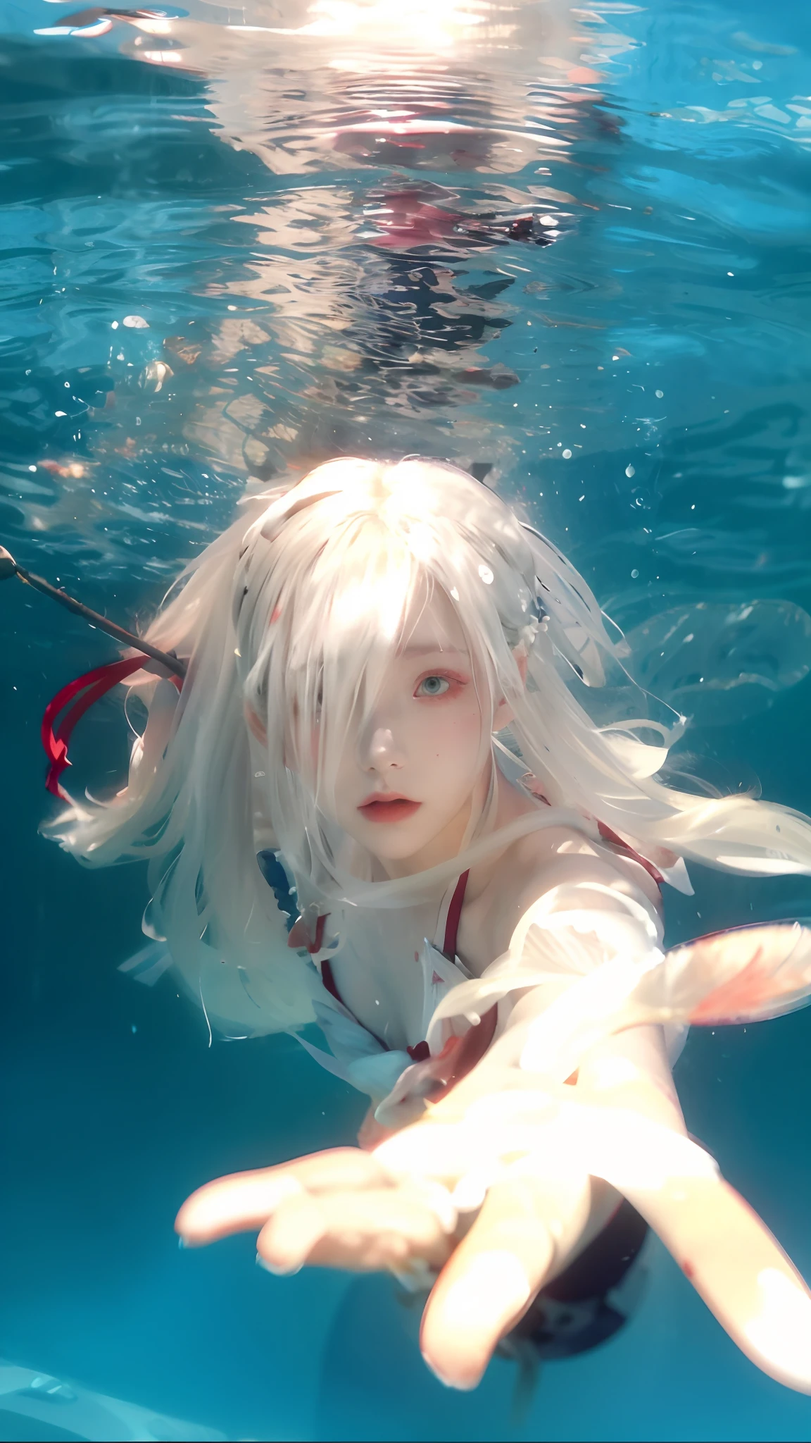 Blonde woman wearing white swimsuit，Holding a red umbrella, white hair floating in air, Tifa Lockhart with white hair, Flowing white hair, Guviz-style artwork, Guviz, underwater photo, Anime style mixed with Fujifilm, Anime girl cosplay, Under water, underwater shot, ciri, floathing underwater in a lake, underwater looking up, Underwater