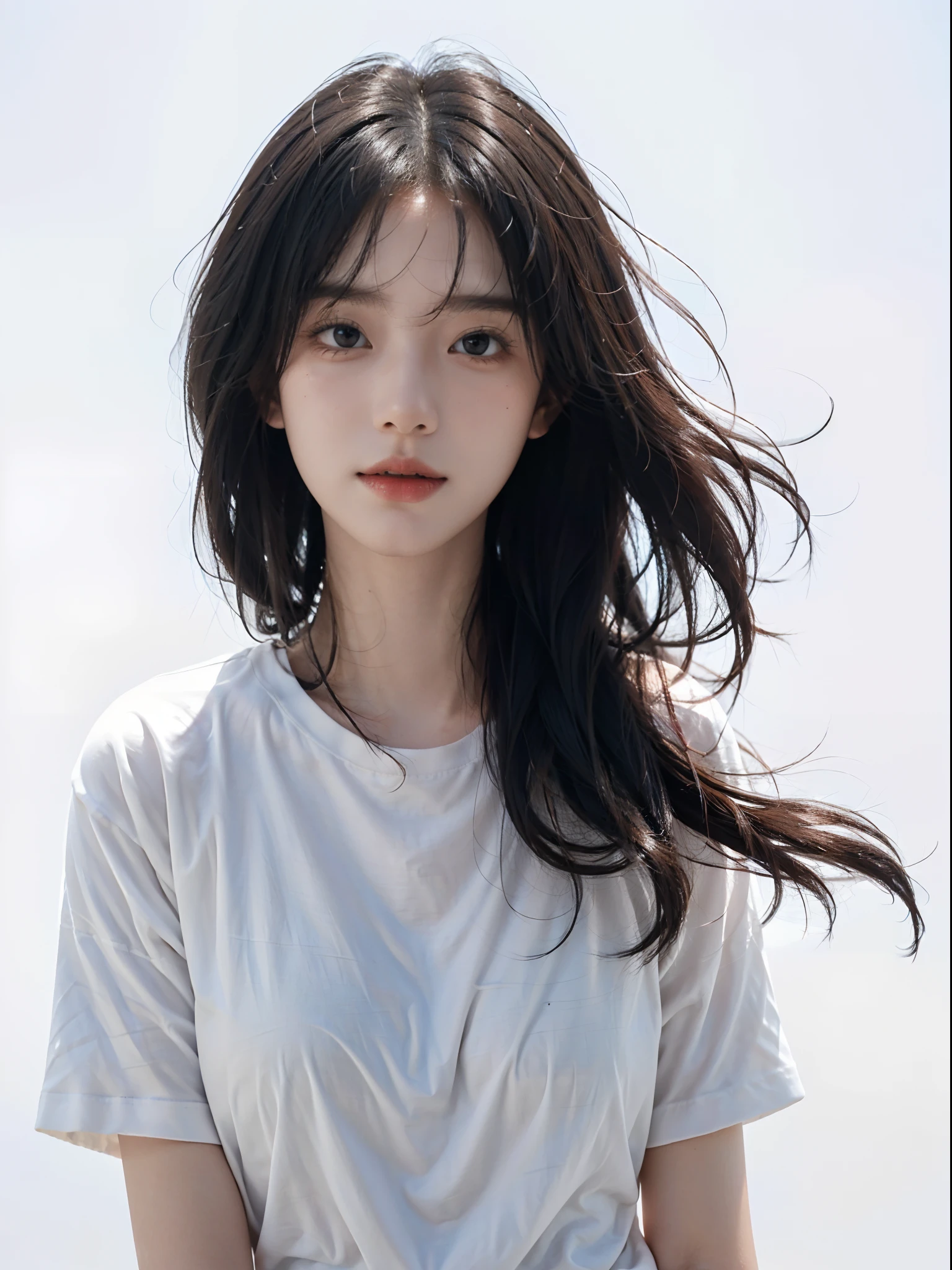 masterpiece, best quality, 1girl ((pure white background)), black hair, floating hair, blush, looking at viewers, white T-shirt, happy, ((front)),upper body, close-up, (studio light)