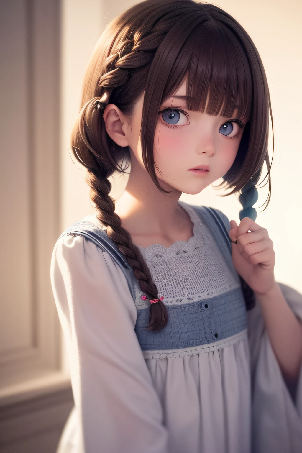 best quality, tmasterpiece, brunette color hair,Short hair and small braids, blueneyes, head looking up, The upper part of the body