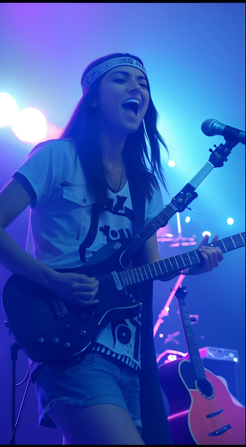Araffe playing a guitar on stage with a microphone and a microphone stand, tocando guitarra no palco, Imagens do concerto, 2 0 1 5 videoclipe ao vivo, guitarrista, Apresentando-se no palco, editing, foto do concerto, Johnny Silverhand, taken in the late 2010s, Mais detalhes, rocking out, live performance, Rocha, solo de guitarra, Guitarra, Amanda Clarke