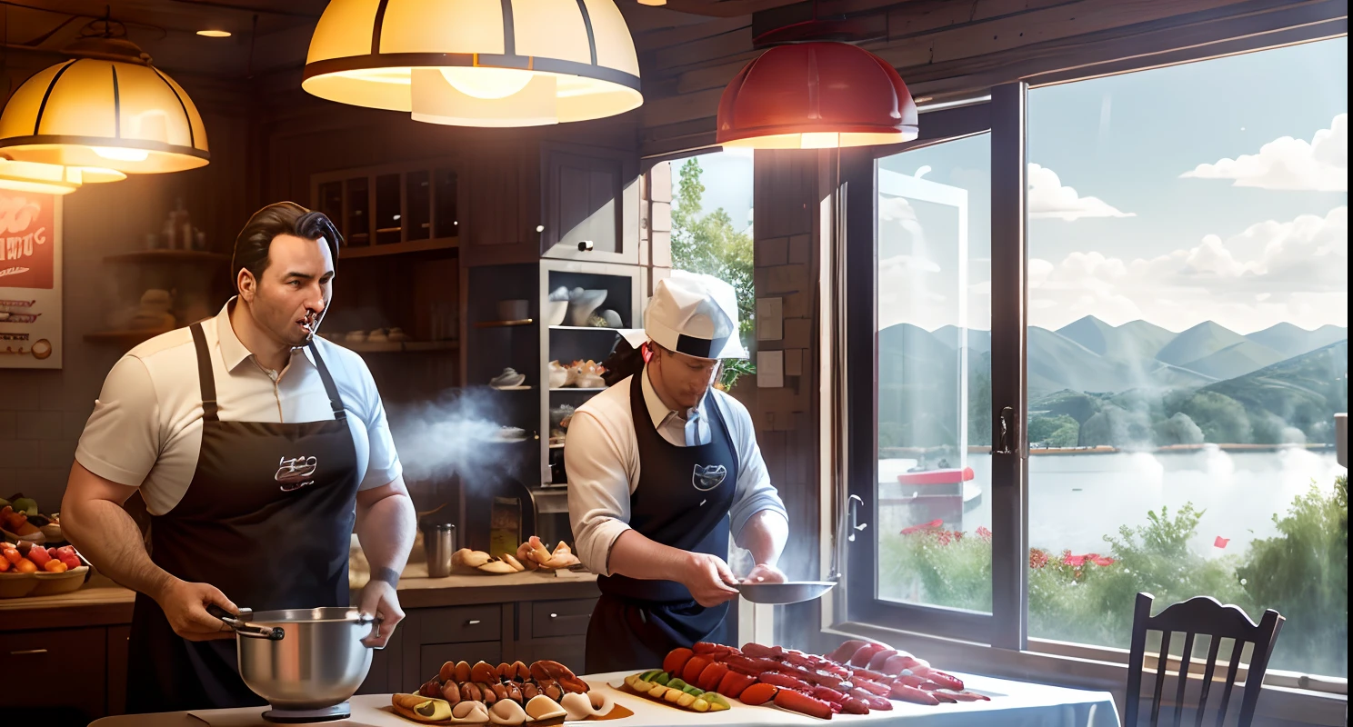 K,family restaurant、steamer,smooggy,Sunny morning,Healthy food making,Clean and hygienic,Kitchenware vintage,Cinematic lighting effects,Landscape image,Pepperoni,Delicious sausages