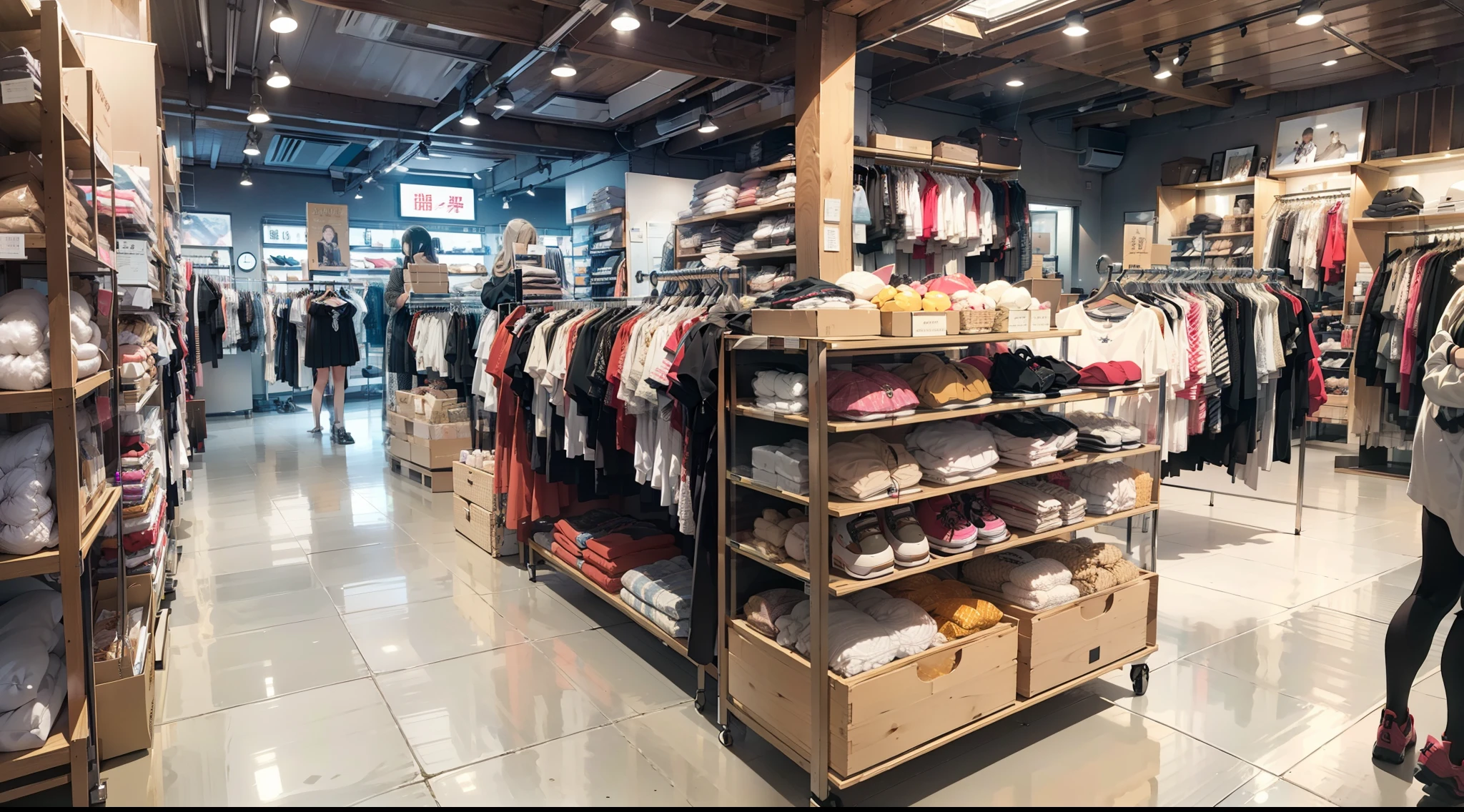 In the clothing store、Luxurious display、wide々and space、Luxurious display、Versatile clothing、sleek design、Latest Trends、Glamorous atmosphere、Stylish interior、Comfortable fitting space、A casual shopping experience、Wide choice、Handling of Top Brands