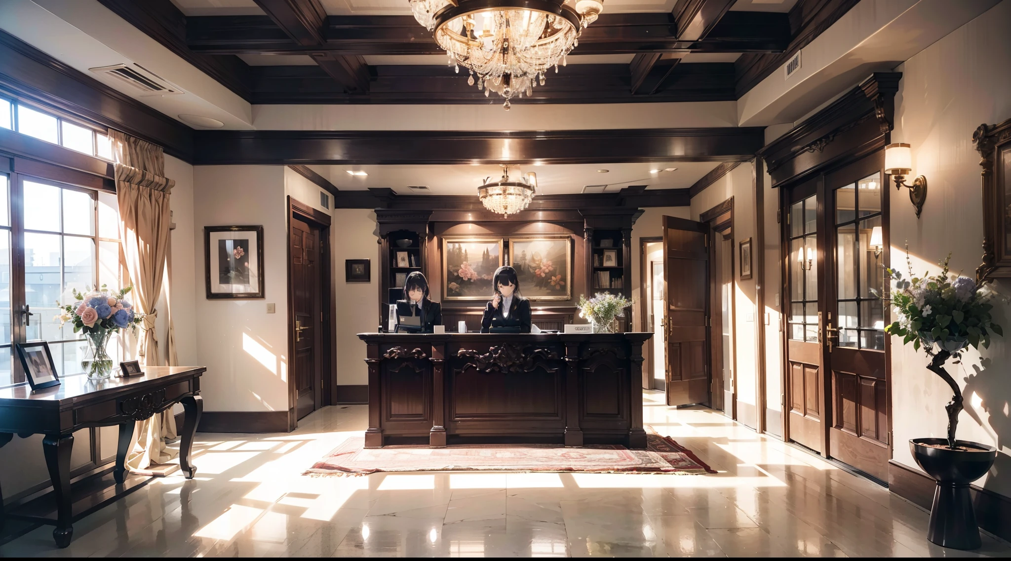 Luxury hotel lobby、inside in room、A space filled with high-quality lighting、wide々Entrance with、Chic and sophisticated furniture、Beautiful decoration、Elegant color scheme、Bright floral arrangement、Comfortable sofa、tranquil atmosphere、calm atmosphere、High-end design、Luxurious atmosphere、A relaxing space、Modern interior、Feeling of dignity、Elegance、where comfort、Best Quality Detail、Reception counter、wide々and bright light from the window、Elevator Hall、Luxury hotel atmosphere。