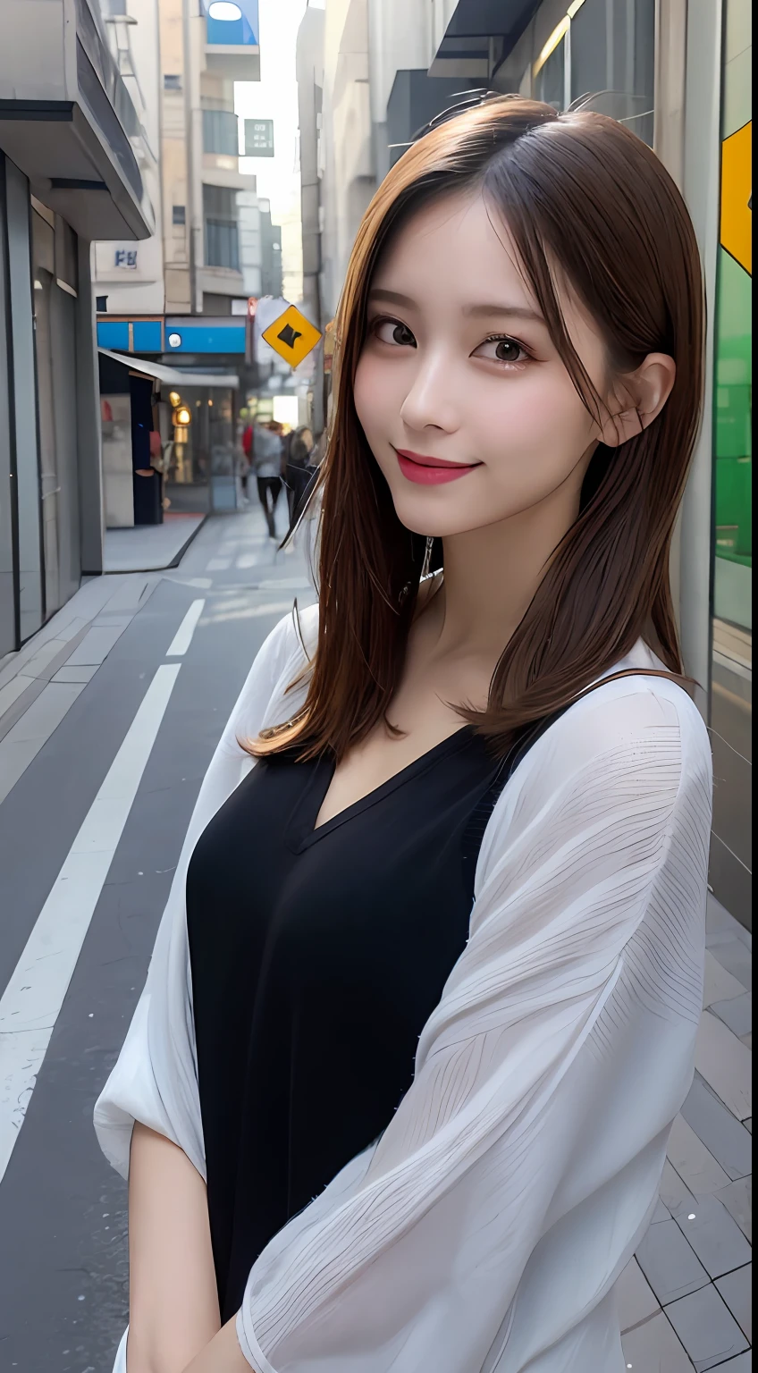 masutepiece, Best Quality, Illustration, Ultra-detailed, finely detail, hight resolution, 8K Wallpaper, Perfect dynamic composition, Beautiful detailed eyes, doress,Medium Hair, Big breasts, Natural Color Lip, Random and sexy poses,Smile,Aoyama Street Walk、Fashionable summer clothes、20 years girl