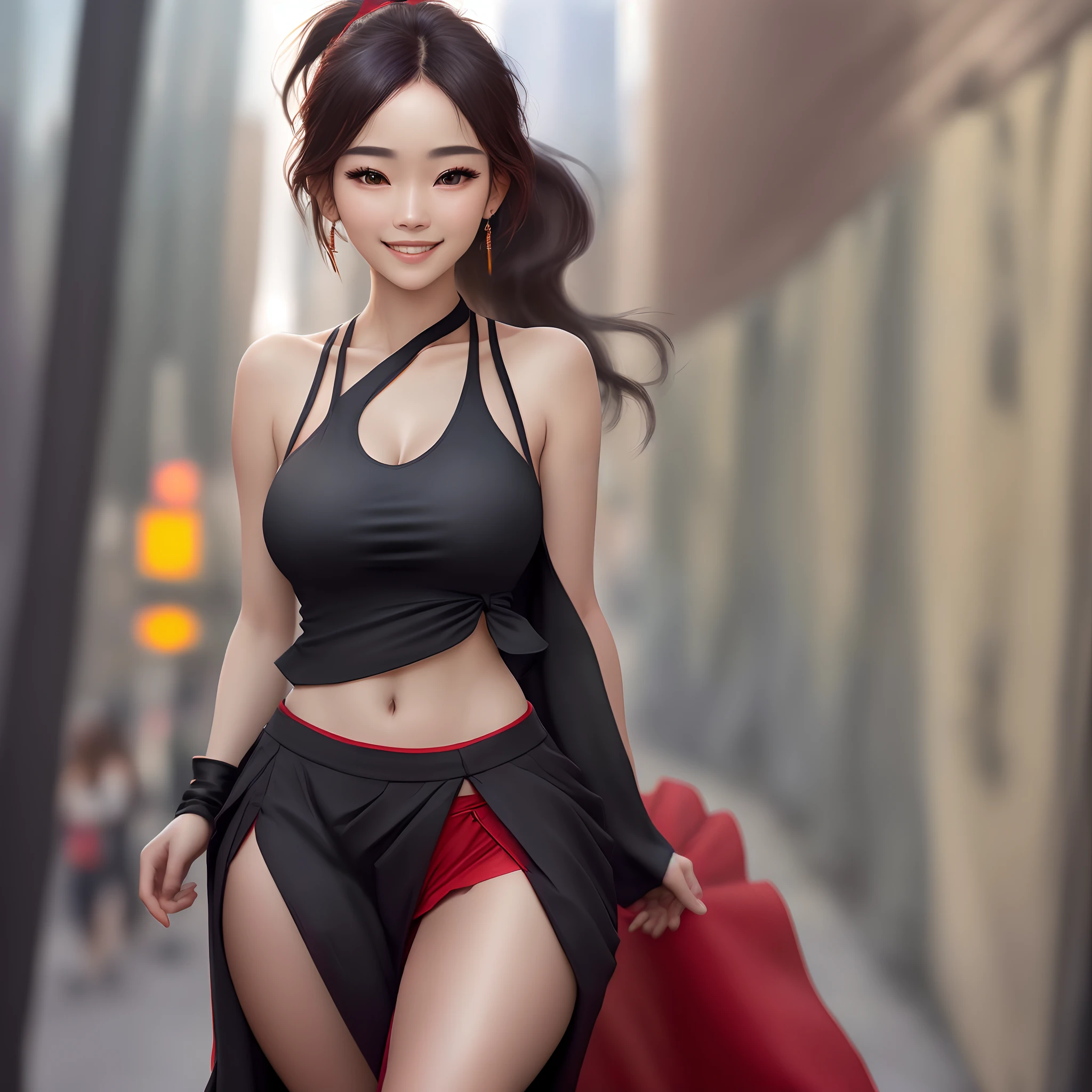masterpiece, best quality, highres, (photorealistic:1.4), earrings, (depth of field:1.8), beautiful Korean girl, thigh gap, 1 girl, long hair, ponytail, (solo:1.1), red, (slit skirt curtain:1.5),(halter neck t-shirt), shinobi, ninja, bare shoulder, elbow gloves, (looking at viewer:1.2), (smile:1.2), (full body:1.), (in the city:1.5), medium breast, (pureerosface_v1:0.5),