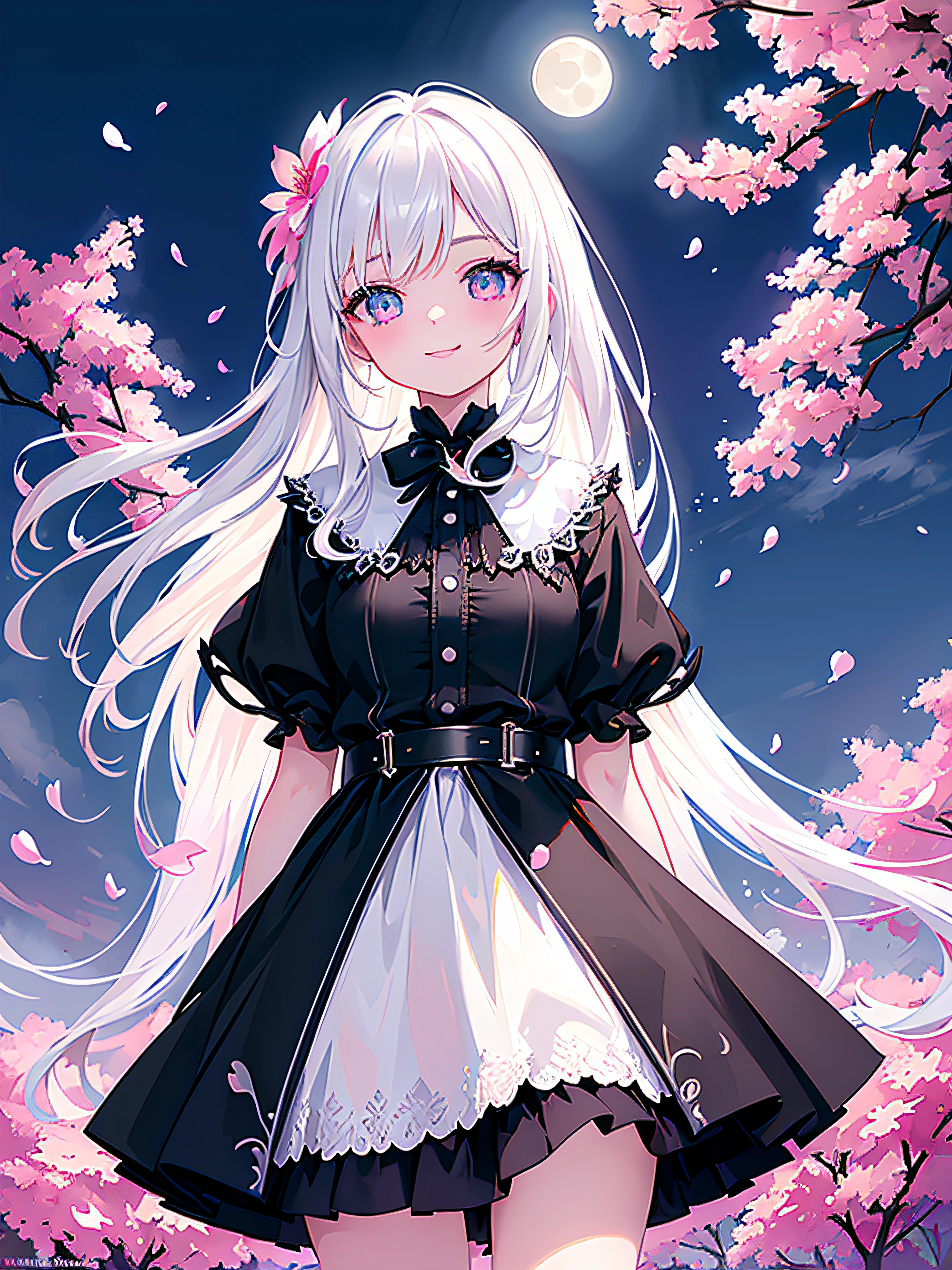 masterpiece, best quality,
1girl, (colorful),(finely detailed beautiful eyes and detailed face),cinematic lighting,bust shot,extremely detailed CG unity 8k wallpaper,white hair,solo,smile,intricate skirt,((flying petal)),(Flowery meadow)
sky, cloudy_sky, building, moonlight, moon, night, (dark theme:1.3), light, fantasy,