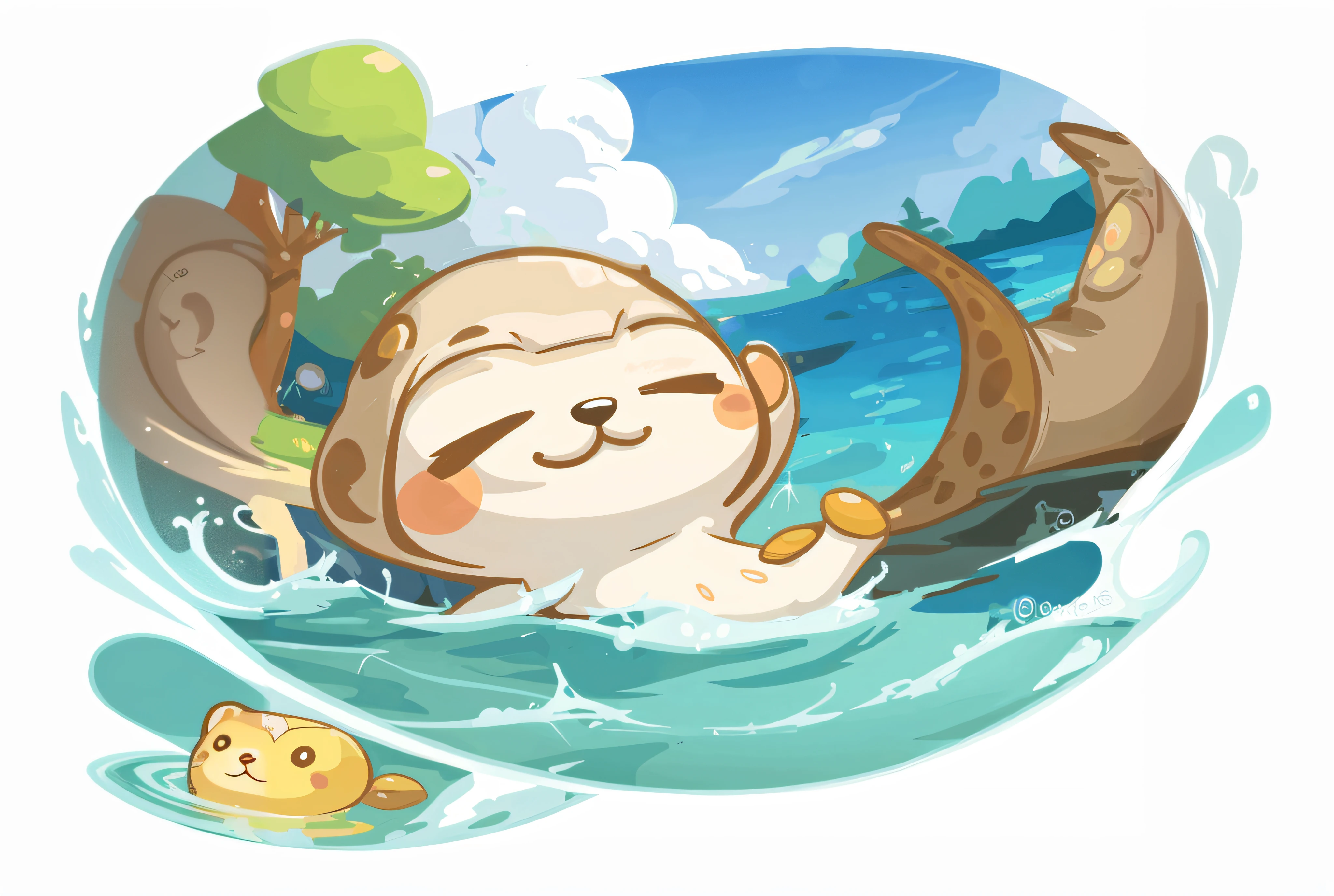 Cartoon illustration of sea otter floating in water with fish, cute otter, cute otter sailor eat cake, fantasy otter love, anthropomorphic furry otter, Splash Art, lovely digital painting, Relaxing concept art, Mobile game art, anthropomorphic otter in costume, Cute detailed digital art, otter, Official Splash Art, telegraph stickers, ivan seal