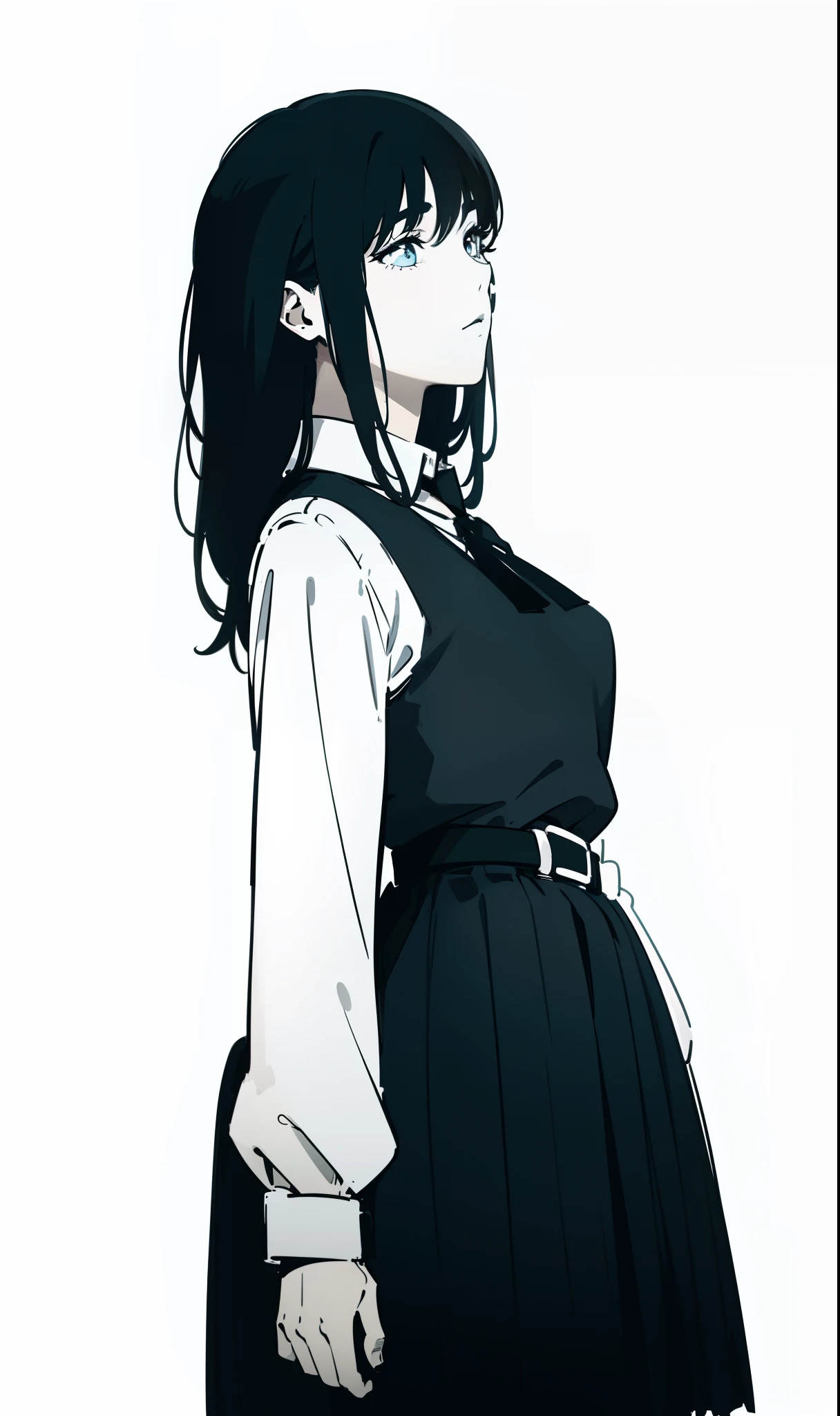 1 girl,(((cuerpo completo)))YORU puede,((Line Art,Monocromo,estilo manga,fondo blanco)),((3/4 perfil,mirando hacia arriba,Cabeza levantada))
,Line anime,cabello negro,good anatomy, obra maestra,vestido pinafore, black belt, cinta negra, calcetines negros para las rodillas, Mocasines