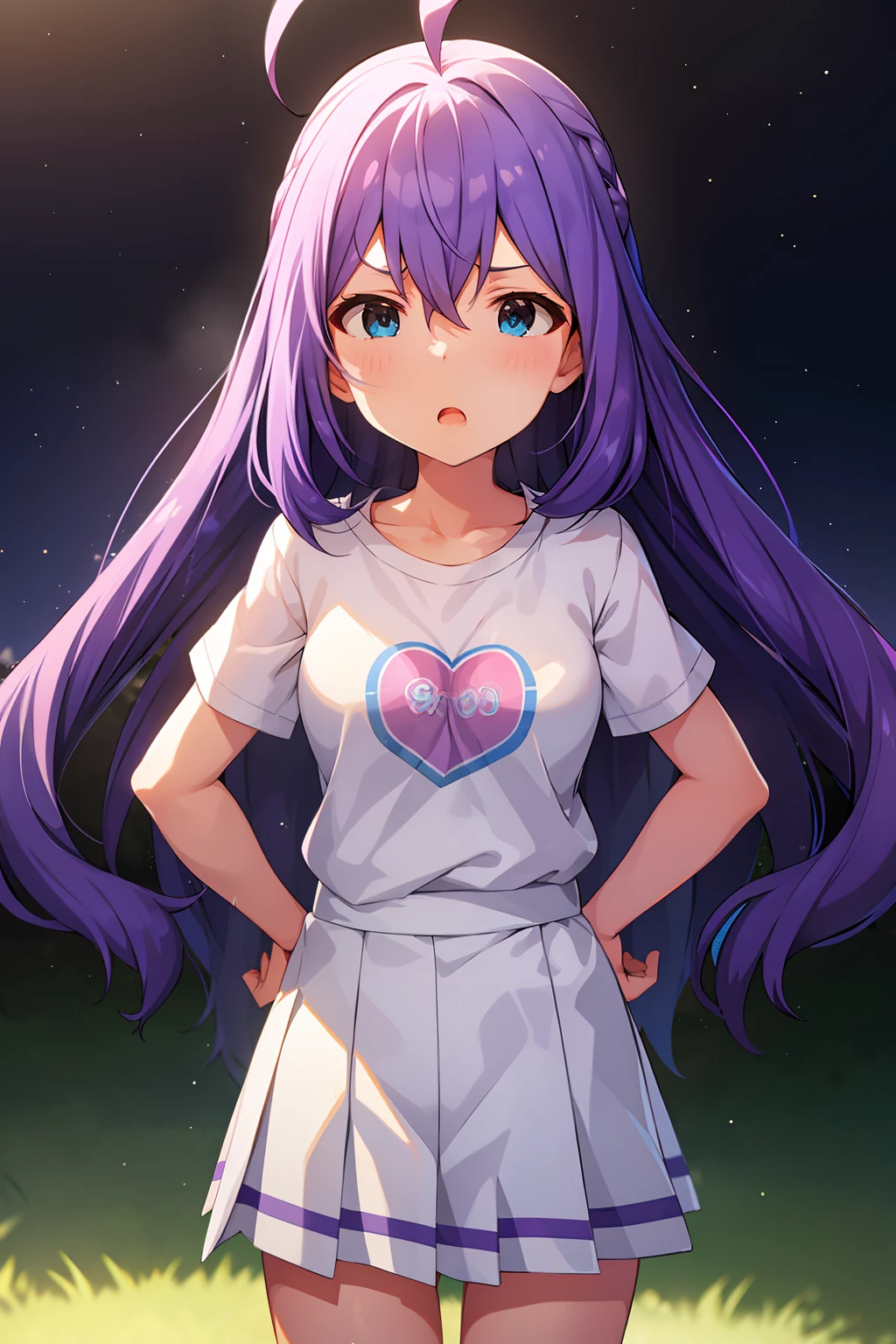 mochizuki anna,1girl in,Solo,Long hair,Purple hair,Big breasts.Ahoge,Blue eyes.Short stature.white t-shirts.suspenders.Skirt.Evening glow.the setting sun.Despair face.Sweat.Opening Mouth.up chest.put hands on the hip