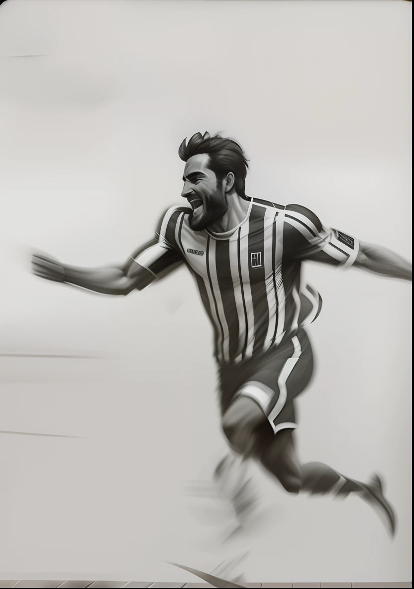 Imagine uma imagem em preto e branco de um homem de perfil correndo, with open arms and vibrating with joy for his victory. The painting is scrawled, with fast and loose lines, giving a sense of movement and energy. The man has an expression of happiness on his face, com os olhos brilhando e a boca aberta em um sorriso amplo. Your hair is flowing, indicating the speed at which he is running. Man's body is tilted forward, mostrando o impulso da sua corrida, and his legs are stretched, ready for the next step. No fundo, podemos ver alguns detalhes da paisagem, such as trees or mountains, But they're just quick stubs, com poucos detalhes, to keep the focus on the man and his expression of victory.