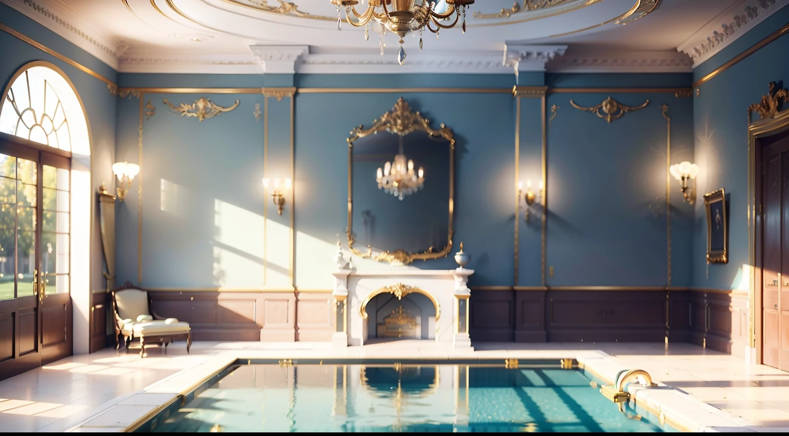 a mansion with golden details and pool blurred background (obra-prima) (8k high resolution) (melhor qualidade) (Ultra Definition) (Ultra realista)(Foto RAW) (Foto realista) (bright illumination)