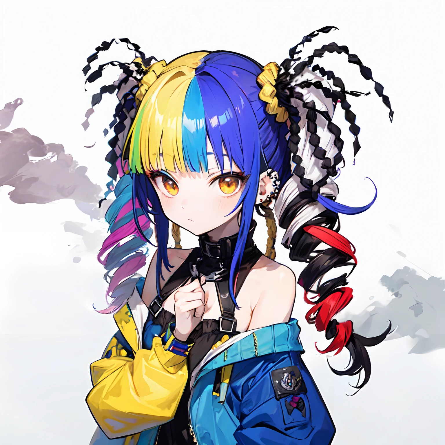 solo,(dreadlocks:1.4),drill hair,afro,ponytail,two side up,hime cut,twintails,braid,(hair bun:0.7),(wavy multicolor hair:1.2),(smokeanywhere:1.4),piercing