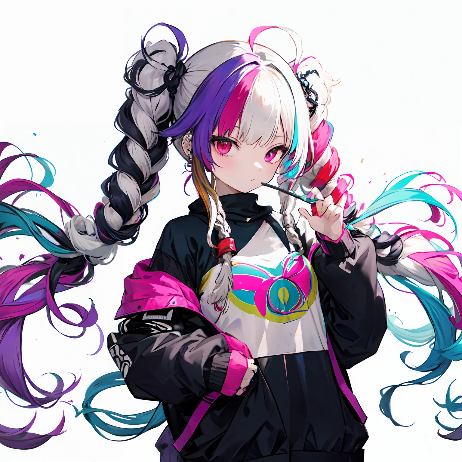 solo,(dreadlocks:1.4),drill hair,afro,ponytail,two side up,hime cut,twintails,braid,(hair bun:0.7),(wavy multicolor hair:1.2),(smokeanywhere:1.4),piercing