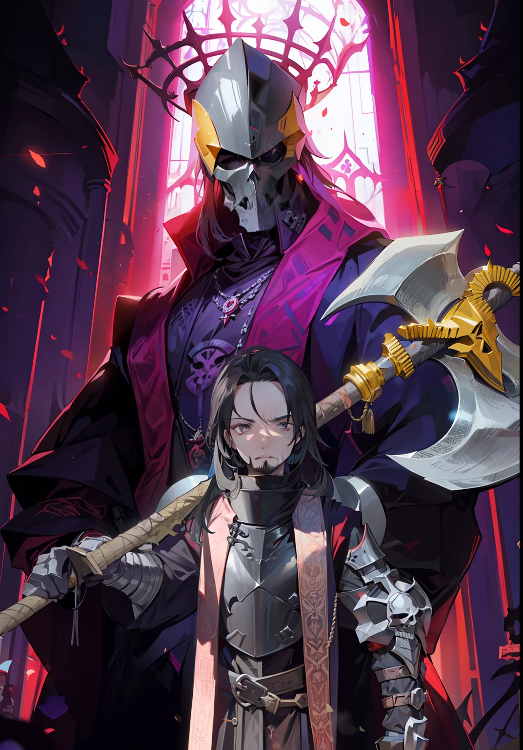 Knight man with serious characteristic goatee dressed in black armor with iron collar with a huge axe in front of a huge skull wearing clerical robes with iron skull