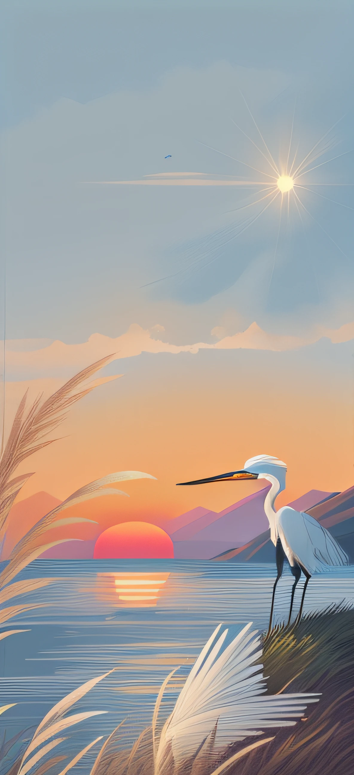 scenery, sky, lens_flare, Sun, water,thatch,phragmites,egret,Illustration style,Minimalist illustration,Flat illustration