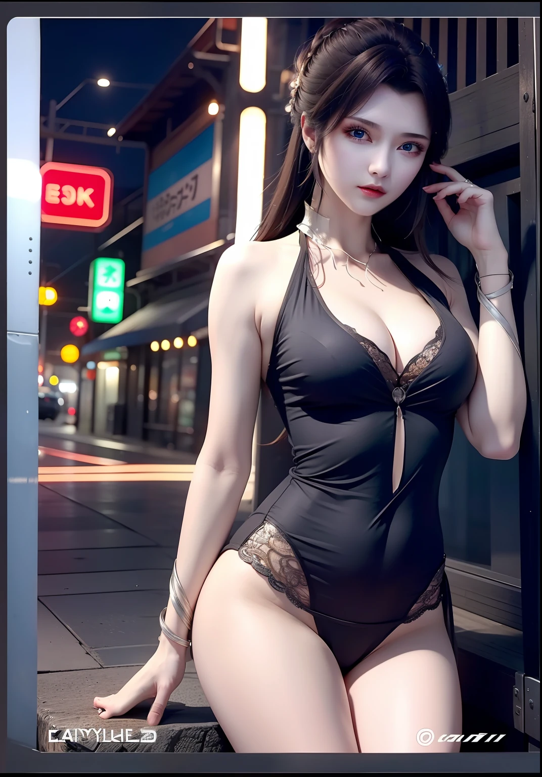 ((Best Quality, 8k, Masterpiece: 1.3)), Full Body, Focus Clear: 1.2, Style Outstanding Beauty: 1.4, Slender Abs: 1.2, ((Brown Hair, Big: 1.2)), Tank Top Dress: 1.1, (Neon, Street: 1.1), Highly Detailed Face and Skin Texture, Detailed Eyes, Double Eyelids, Night View, Industrial Area, Fairlady Z, Short Cut, Katyusha
