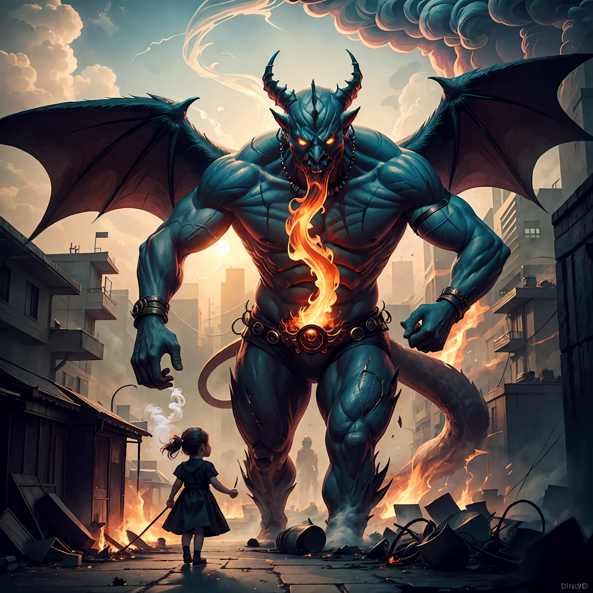 breathtaking, from the point of view of a child holding their mother's hand, city street, a gigantic and terrifying demonic deity made from smoke and fire and pollutiob, ground level, digital art