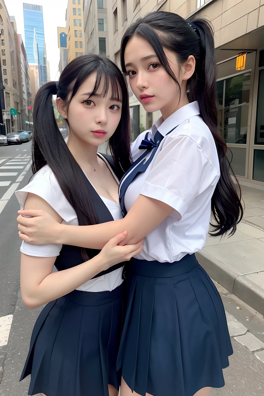 raw photo,duo,Two women in costume taking selfies on the street,colorful pigtail, anime cosplaying,(lshort-sleeved JK_sailor),JK_style,(dark blue JK_skirt),(bow JK_tie),realistic,fully body,black hair,long hair,black eyes,lips,parted lips,collarbone,bare shoulders,portrait,nose,Best quality,masterpiece,ultra high res,(photorealistic:1.4),raw photo,