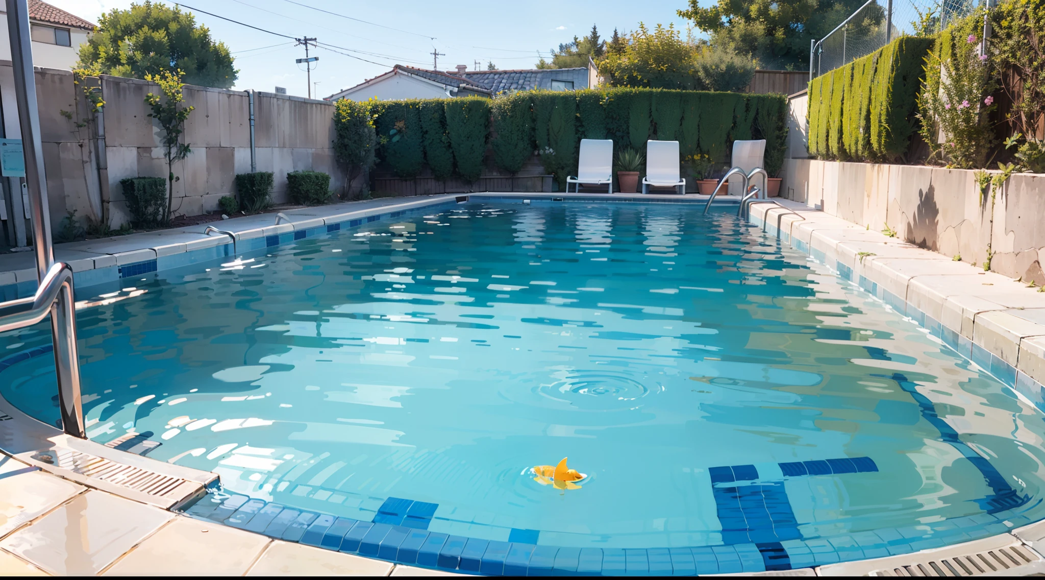 (swimming pools, Full of coolness, Bright blue, in poolside, Sunshine, Ripples in the water)