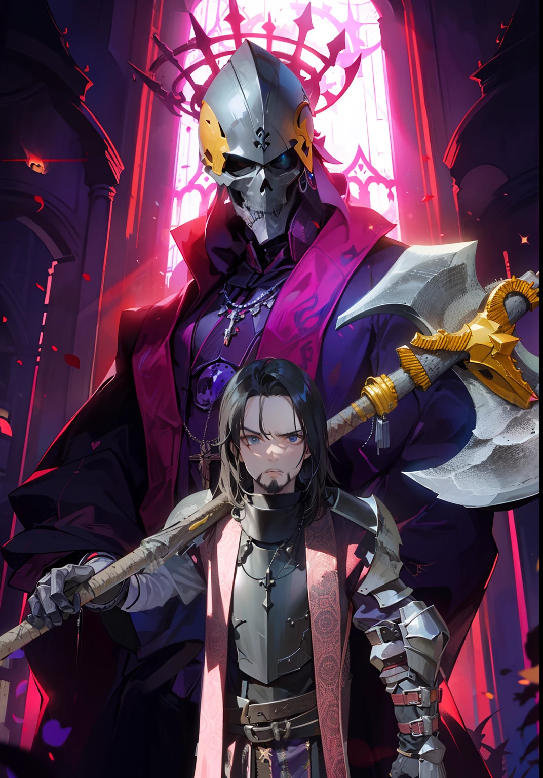Knight man with serious characteristic goatee dressed in black armor with iron necklace with a huge axe in front of a huge skull wearing clerical robes with iron skull