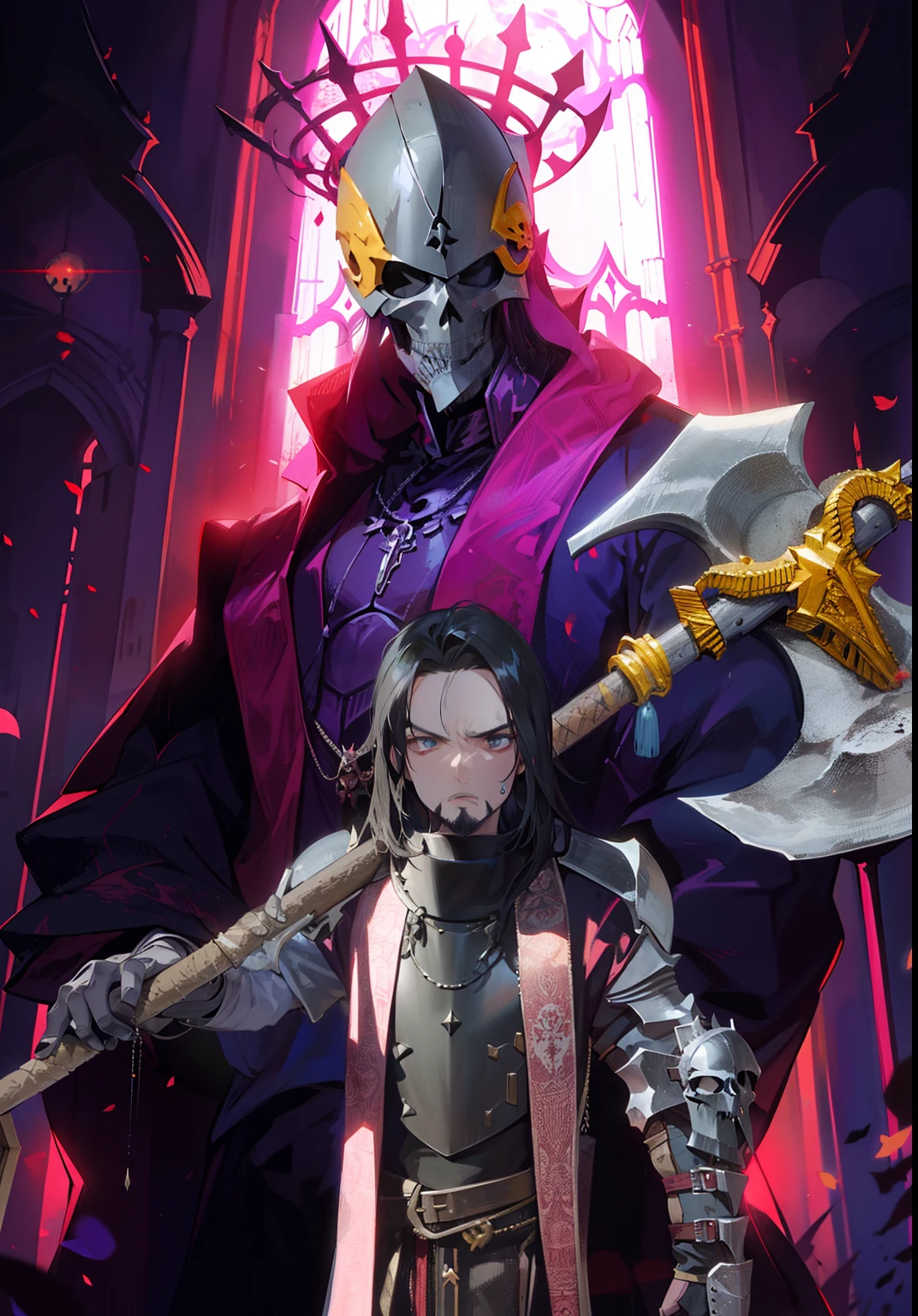 Knight man with serious characteristic goatee dressed in black armor with iron necklace with a huge axe in front of a huge skull wearing clerical robes with iron skull