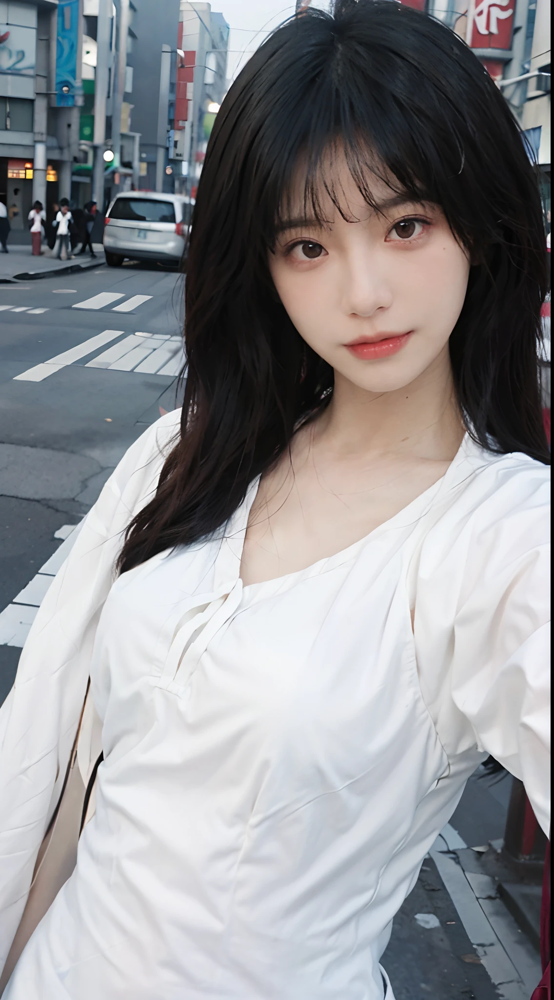 best qualtiy, 超高分辨率, (realisticlying:1.4),1 girl ,Focus:1.2, Bigchest:1.6,brassier:1.4,perfect figure beautiful woman:1.4 , pelo rojo corto,(Streets of Tokyo:1.3), Highly detailed facial and skin texture, head straight-looking at viewer,A detailed eye, 二重まぶた,Red lips,eye shadows,Whiten skin,(Air bangs:1.3),,(White thin dress:1.4)