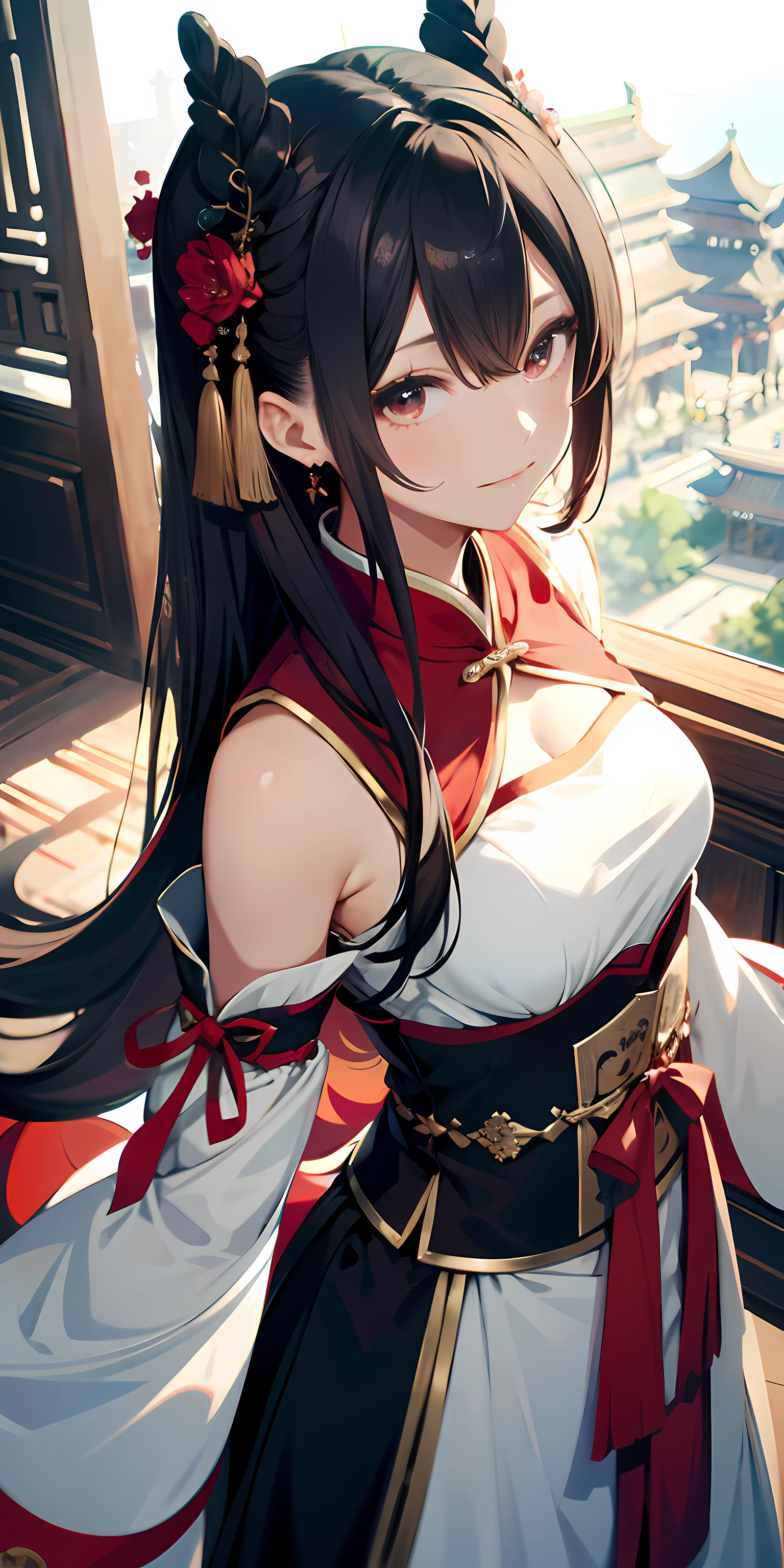 Ridiculous resolution, A high resolution, (Masterpiece:1.4), ultra - detailed, 1boy , whaite hair,Chinese big breasts,Hanfu,longer sleeves,Faraway view,looking from above, the space, afloat,Chinese red --v 6