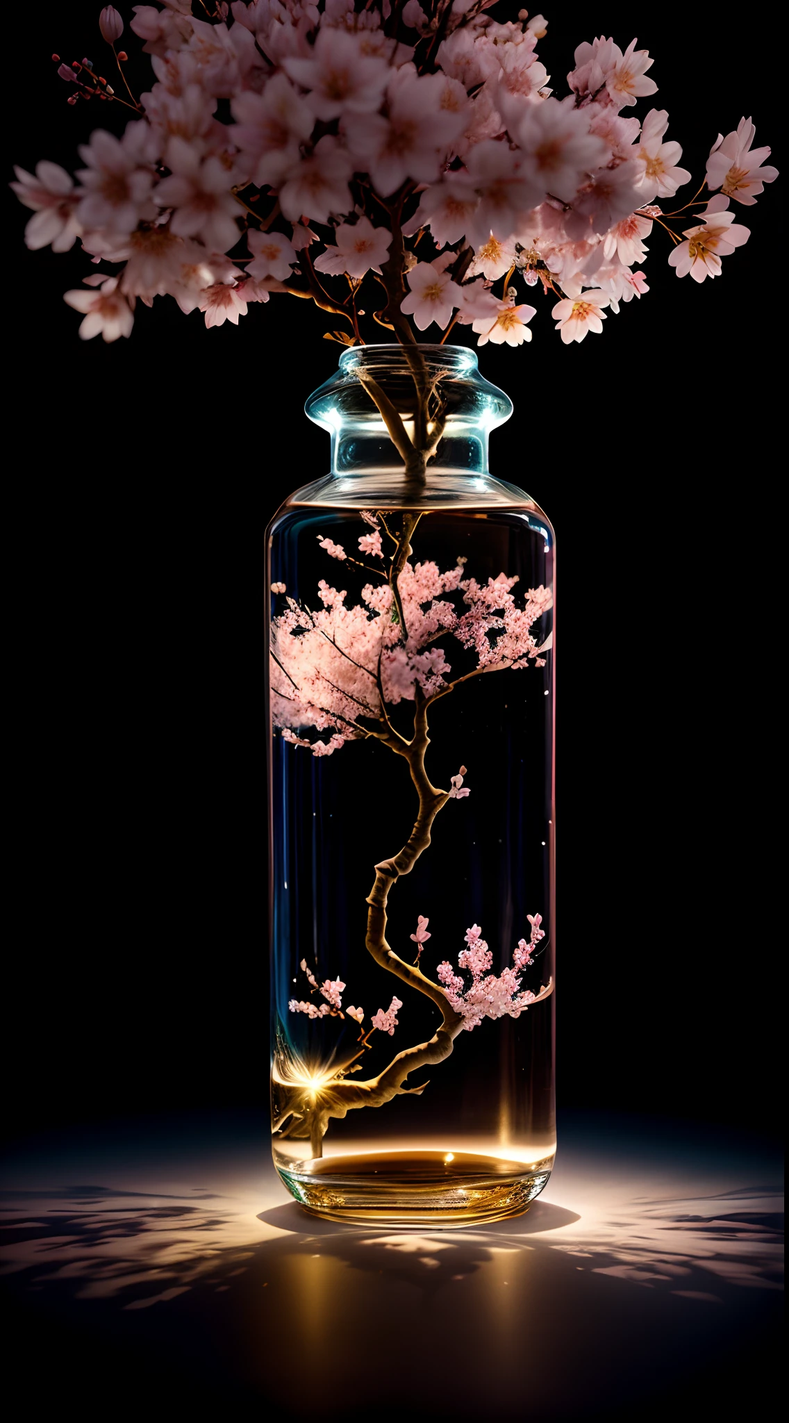 Cherry blossom tree in a bottle, Fluffy, Realistic, Atmospheric light refraction, author:Lee Jeffries Nikon D850 Film Stock Photo 4 Kodaport 400 Camera F1.6 Shots rich colors Ultra-realistic realistic textures Dramatic lighting Trends on Unreal Engine ArtStation CineStill 800, Style-Glass