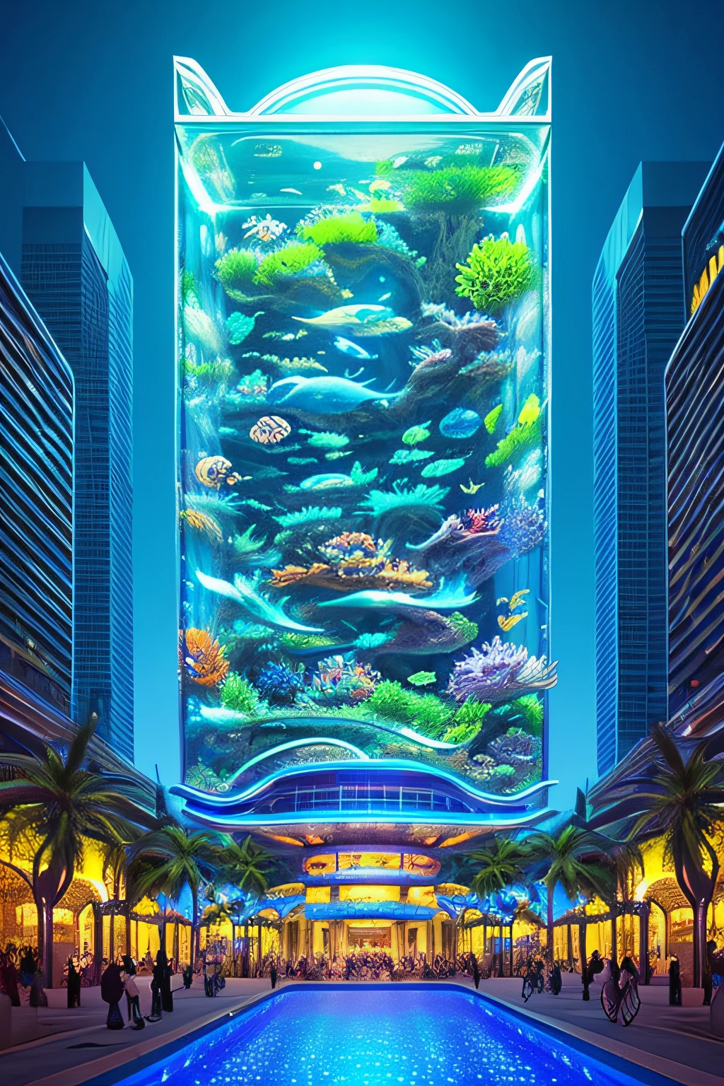Epic fantasy concept, Modern transparent building at night,It is a huge aquarium containing marine life, Nice colorful light decoration, Wide shot, 8k 辛烷值渲染, Photorealistic, Cinematic lighting, detailed building, Detailed fish