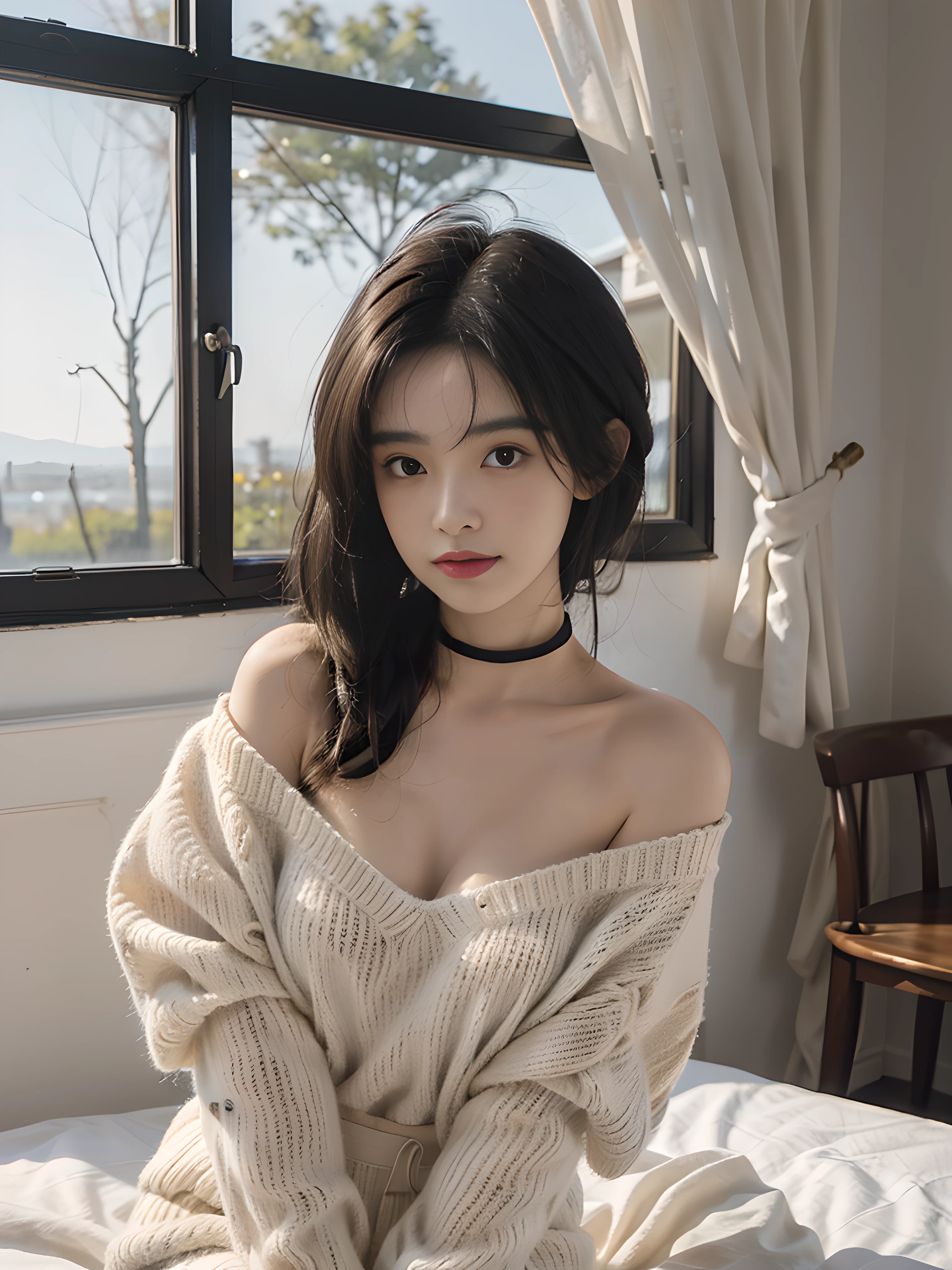 8K UHD,best qualtiy, digital SLR camera, filmgrain, FUJI XT3,(best qualtiy:1.3), (tmasterpiece:1.1), A high resolution, cinematric light, Complicated details, (realisticlying), takeout, Beautiful outside, and the sun was shining brightly,
one-girl,(In the café:1.5) , dimple, with short black hair, looking at viewert, Detailed trees, ribbons, neck bowtie, exposed bare shoulders, ribbed sweater,
pencil skirts,high waist skirt,inside in room,
choker necklace,Bed linen transport sweater,(ssmile),(The upper part of the body:1.6),closeup cleavage