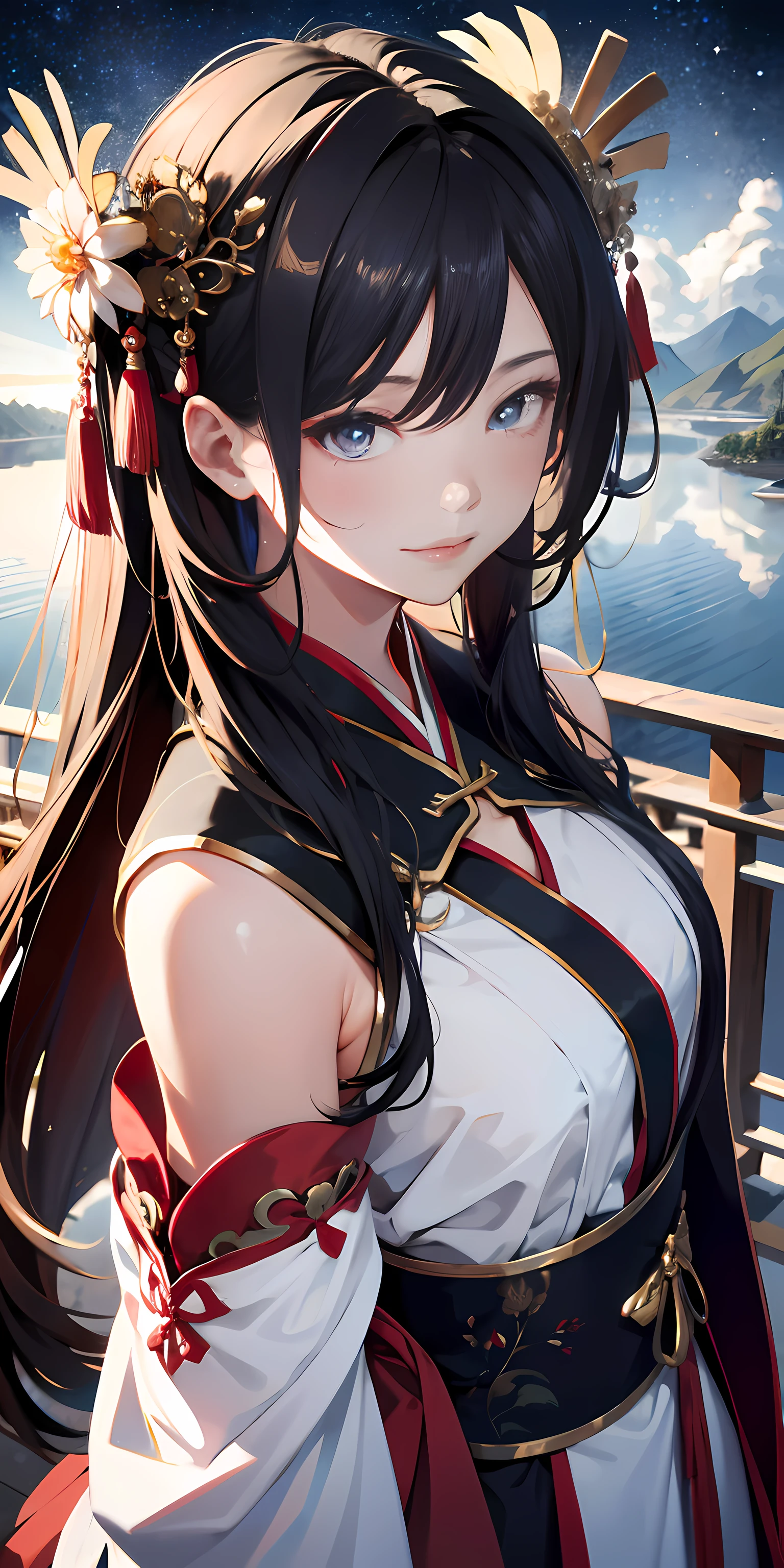 Ridiculous resolution, A high resolution, (Masterpiece:1.4), ultra - detailed, 1boy , whaite hair,Chinese big breasts,Hanfu,longer sleeves,Faraway view,looking from above, the space, afloat,Chinese red --v 6