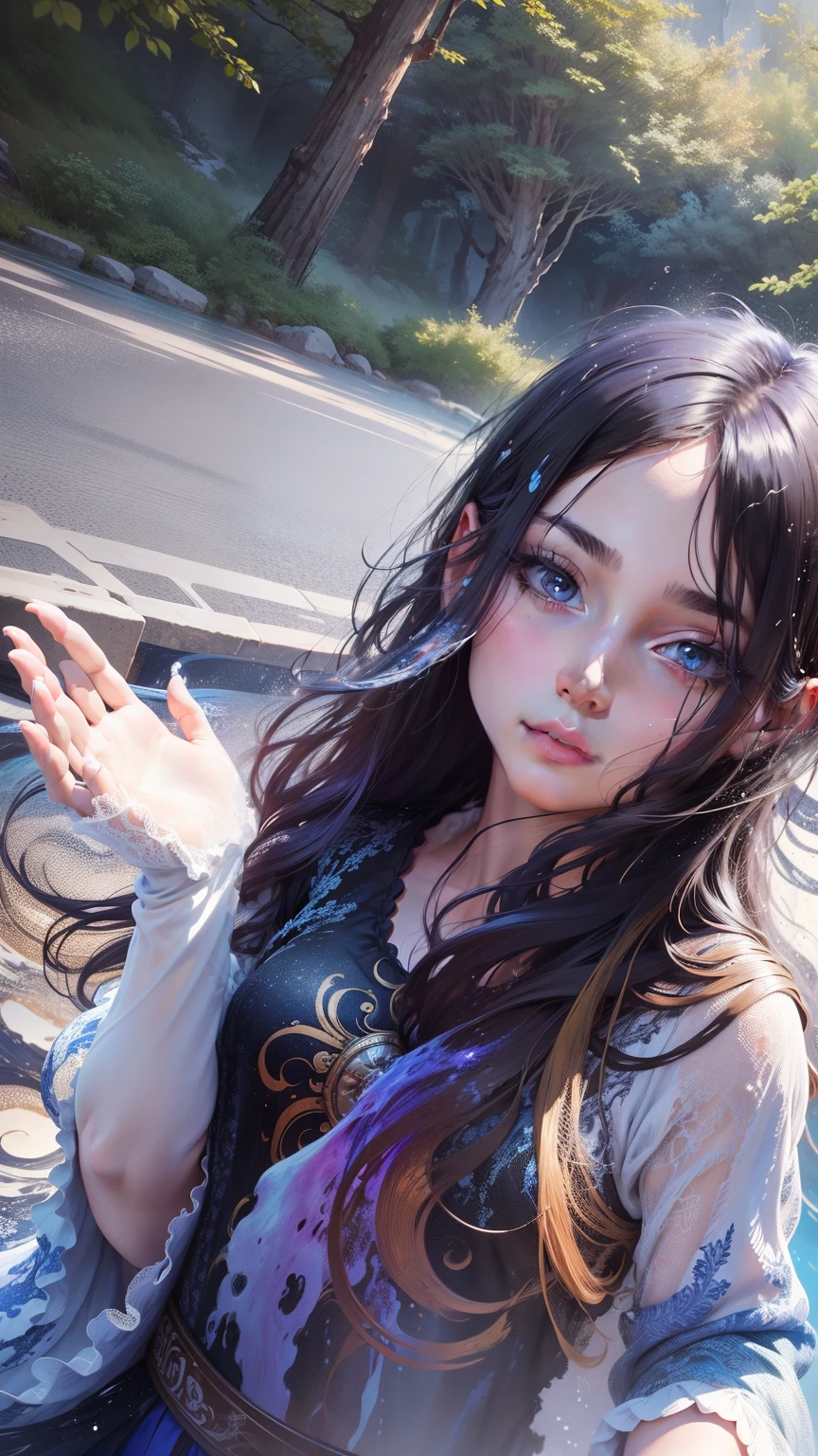 Colorful beautiful girl: a giru 8 years old, messy hair, oil painting, pretty perfect face with soft skin ice perfect face, blue-yellow, light purple and purple added, light red added, intricate details, splash screen, 8k resolution, masterpiece, cute face, artstation digital painting smooth very black ink flow: 8k resolution realistic masterpiece: Intricate details Fluid gouache: By Jean Baptiste Mongue: Calligraphy: Acrylic: watercolor art, professional photography, natural lighting, volumetric lighting, minimalism Photographic illustration: by Marton Bobzert:, complex, elegant, expansive, fantastical, wavy curls, vibrant